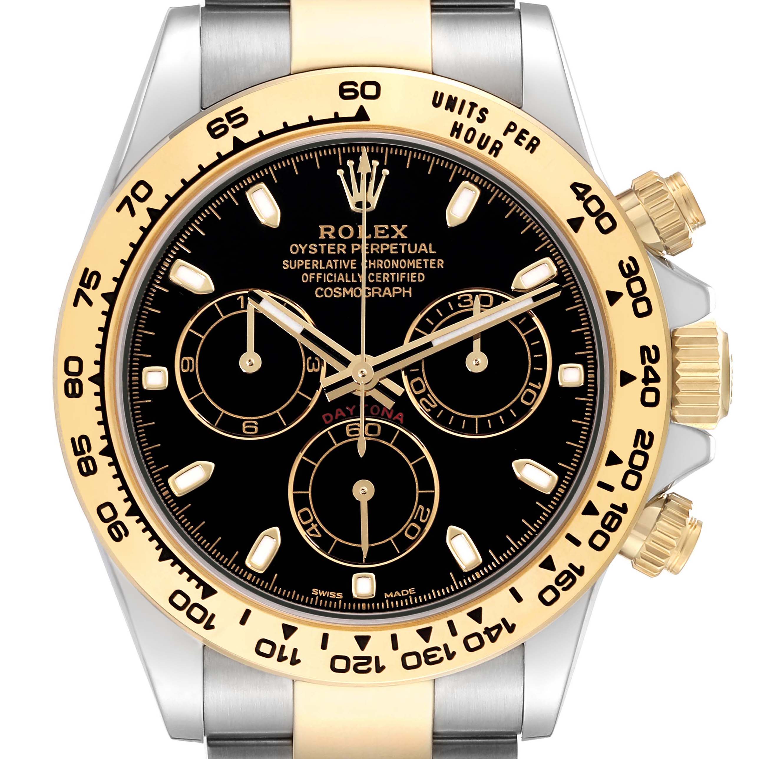 The image shows a front view of a Rolex Daytona 116503 Men's Steel and Gold (two tone) Black Dial 116503 Men's Steel and Gold (two tone) Black Dial watch, highlighting the black dial, gold bezel, and chronograph subdials.