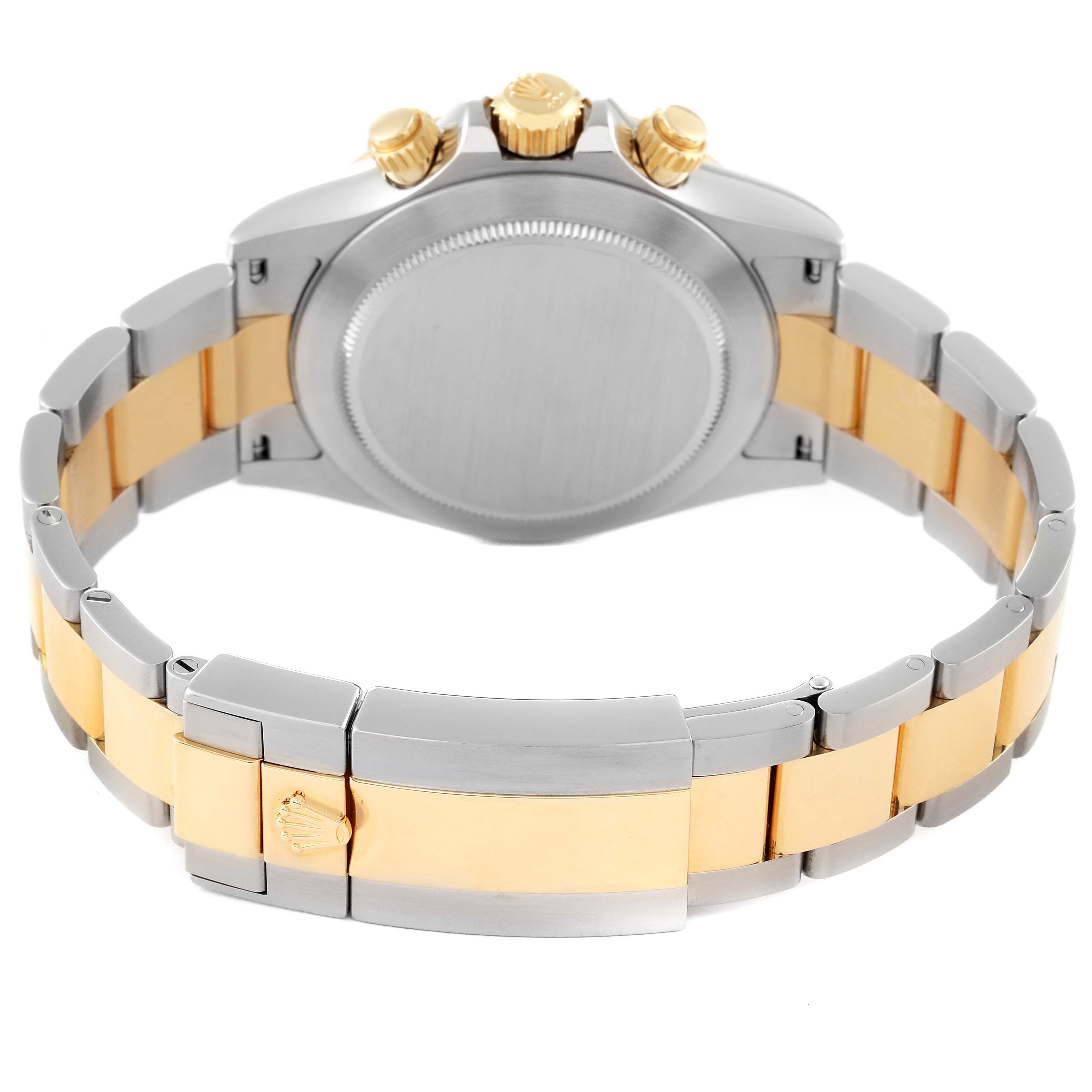 The image shows the back view of the Rolex Daytona 116503 Men's Steel and Gold (two tone) Black Dial 116503 Men's Steel and Gold (two tone) Black Dial watch, highlighting the clasp, bracelet, and crown.