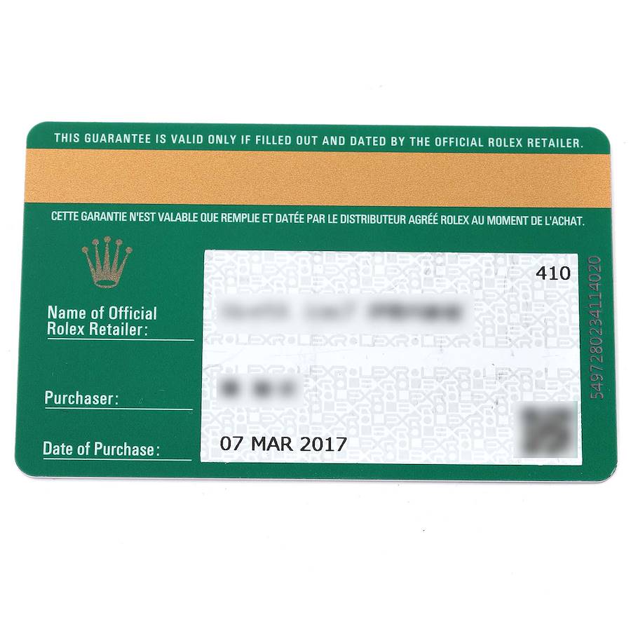 The image shows the warranty card for a Rolex Daytona 116503 Men's Steel and Gold (two tone) Black Dial 116503 Men's Steel and Gold (two tone) Black Dial watch, with details like the retailer, purchaser, and date of purchase.