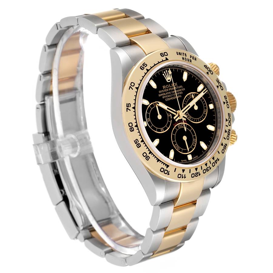 The image shows a Rolex Daytona 116503 Men's Steel and Gold (two tone) Black Dial 116503 Men's Steel and Gold (two tone) Black Dial watch at a three-quarter angle, displaying the dial, bezel, and bracelet.
