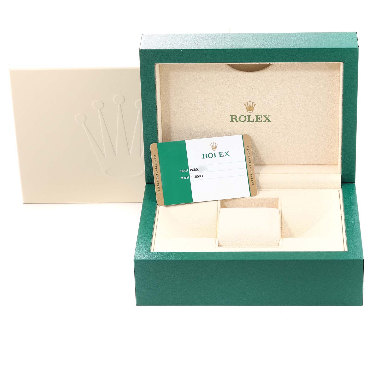 The image shows an empty green Rolex box, an authenticity card, and a cream interior for the Daytona model.