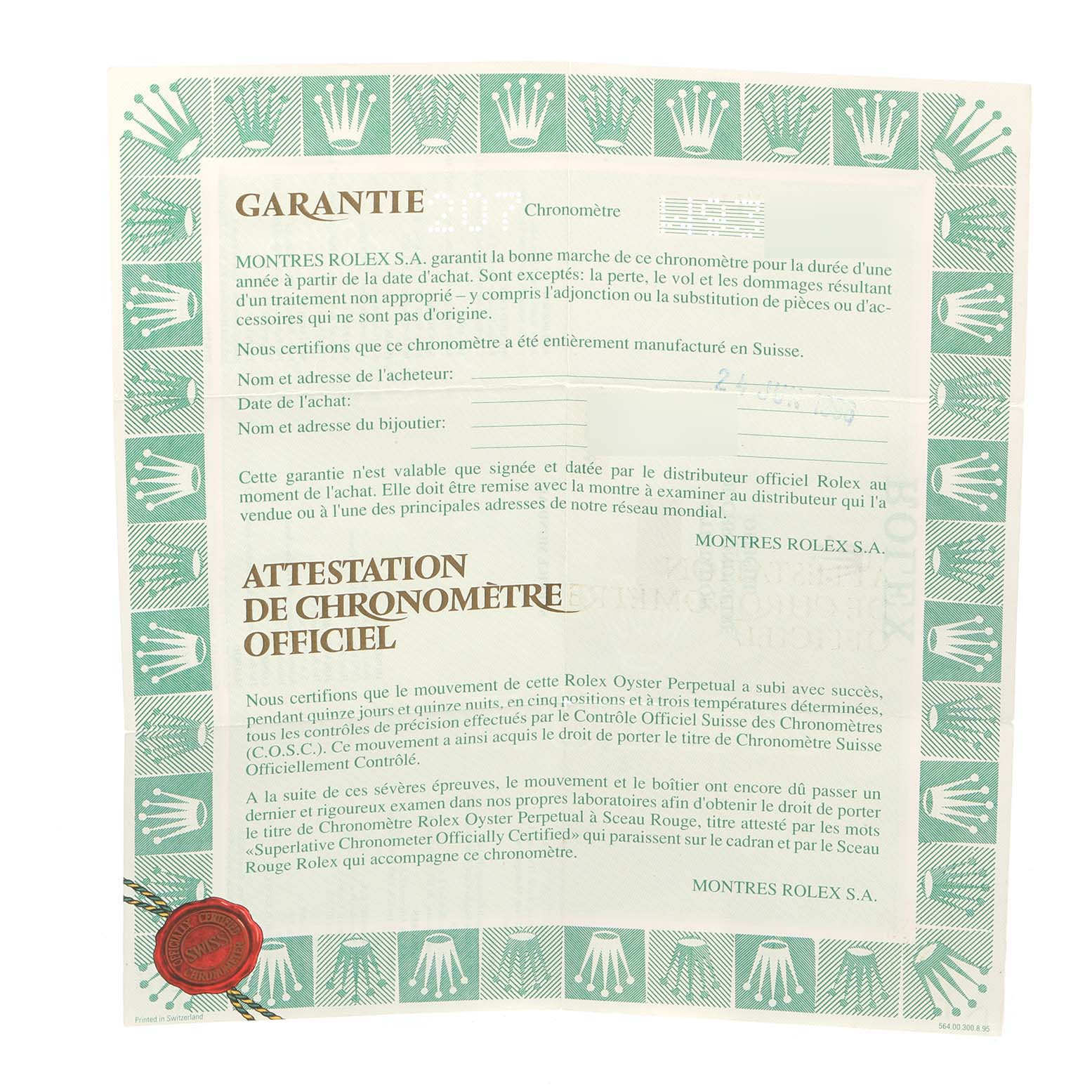 The image shows the warranty and official chronometer certification paperwork for the Rolex Datejust 69173 Women's Steel and Gold (two tone) Blue Dial 69173 Women's Steel and Gold (two tone) Blue Dial watch.