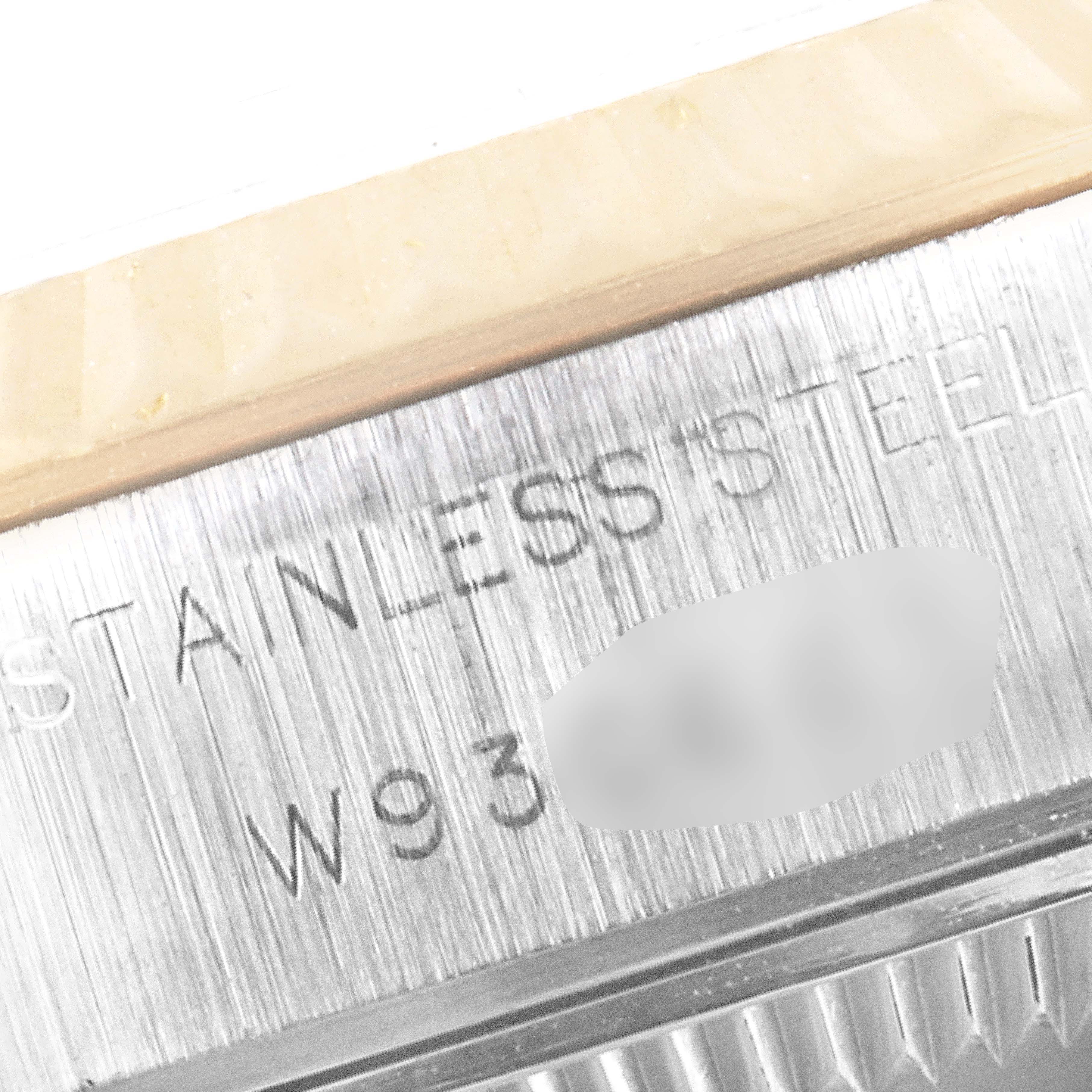 This image shows a close-up of the stainless steel case back of the Rolex Datejust 69173 Women's Steel and Gold (two tone) Blue Dial 69173 Women's Steel and Gold (two tone) Blue Dial model watch.