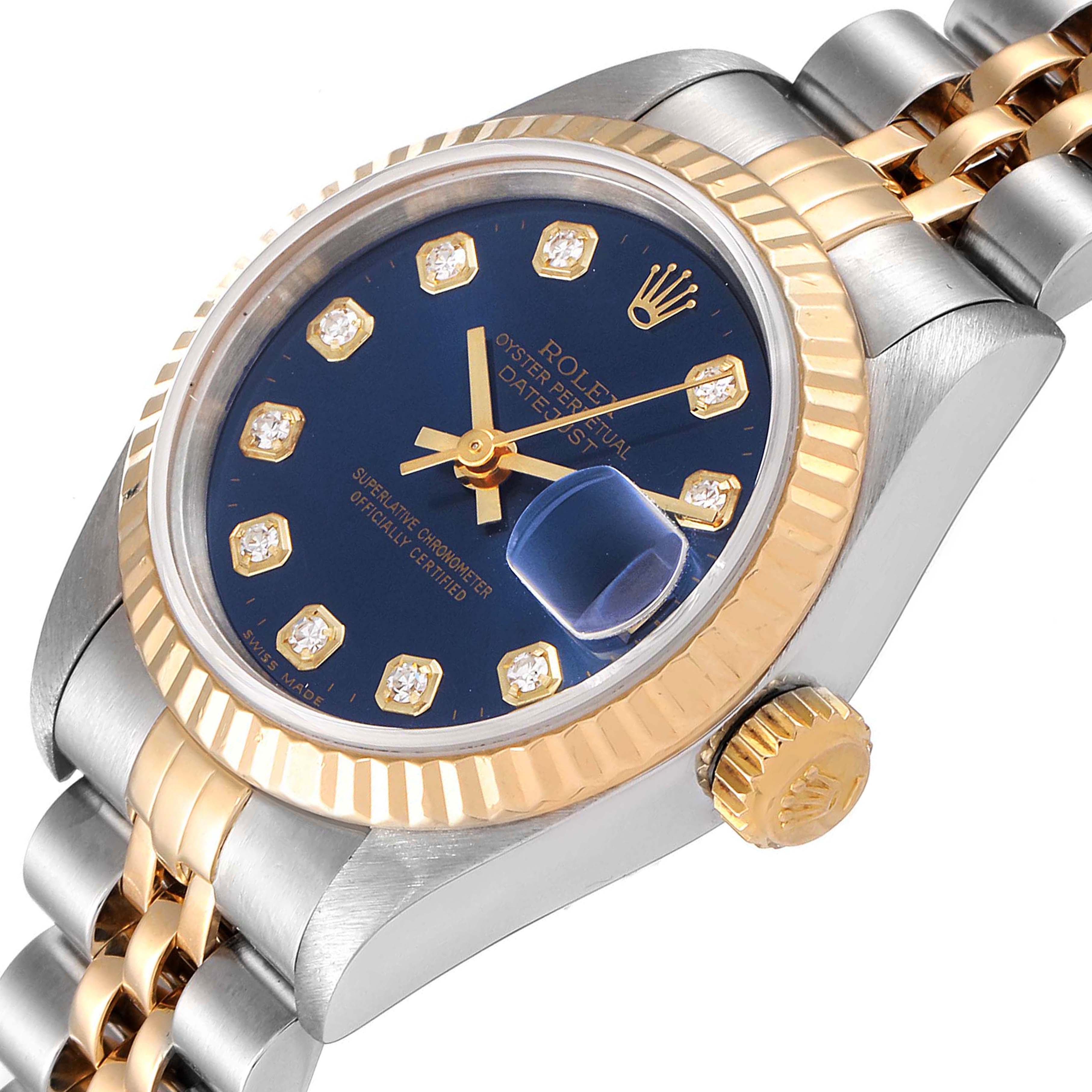 This image shows a Rolex Datejust 69173 Women's Steel and Gold (two tone) Blue Dial 69173 Women's Steel and Gold (two tone) Blue Dial watch at an angle highlighting the dial, bezel, crown, and part of the bracelet.