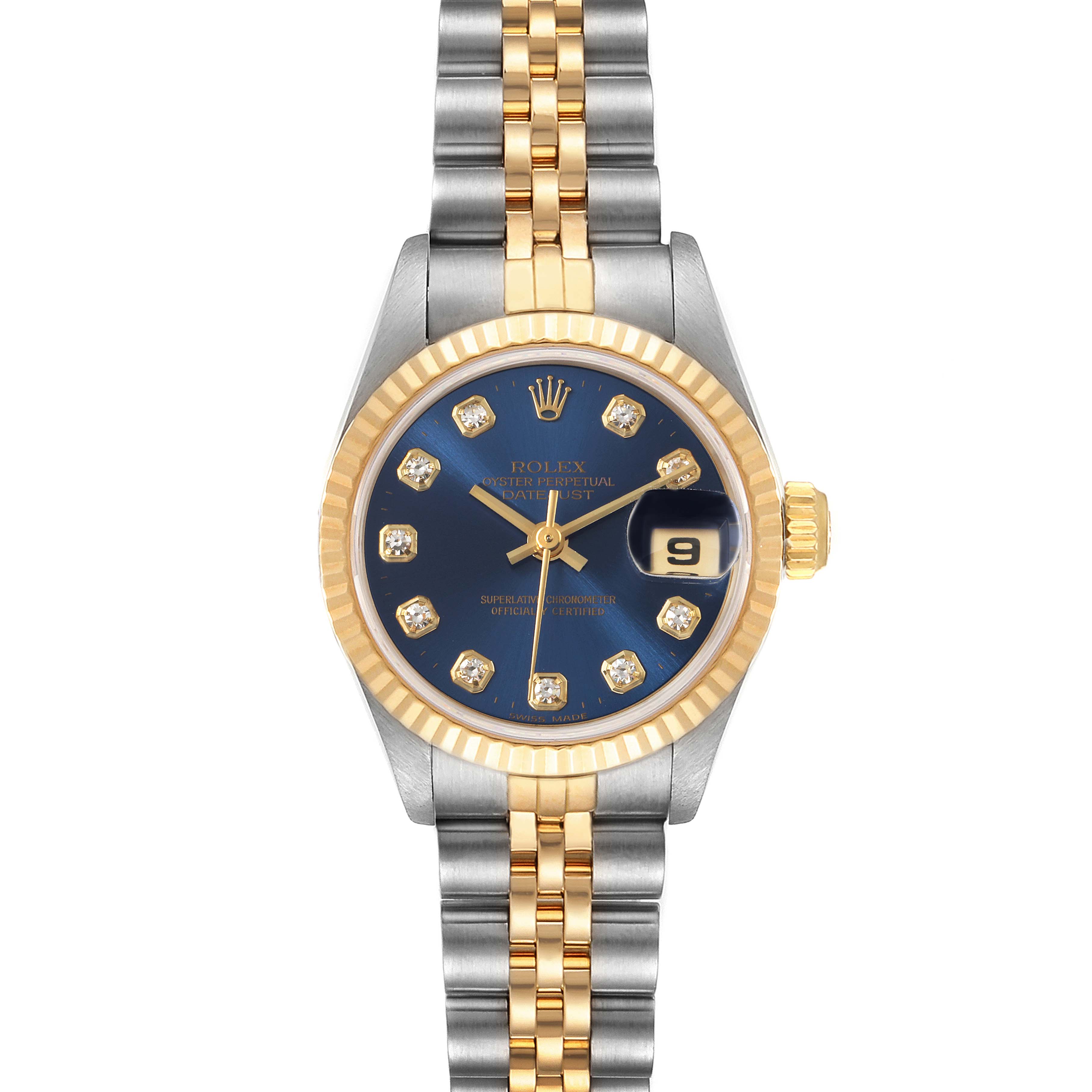 The image shows a Rolex Datejust 69173 Women's Steel and Gold (two tone) Blue Dial 69173 Women's Steel and Gold (two tone) Blue Dial watch viewed from the front, showcasing its blue dial, gold and silver bracelet, and diamond hour markers.