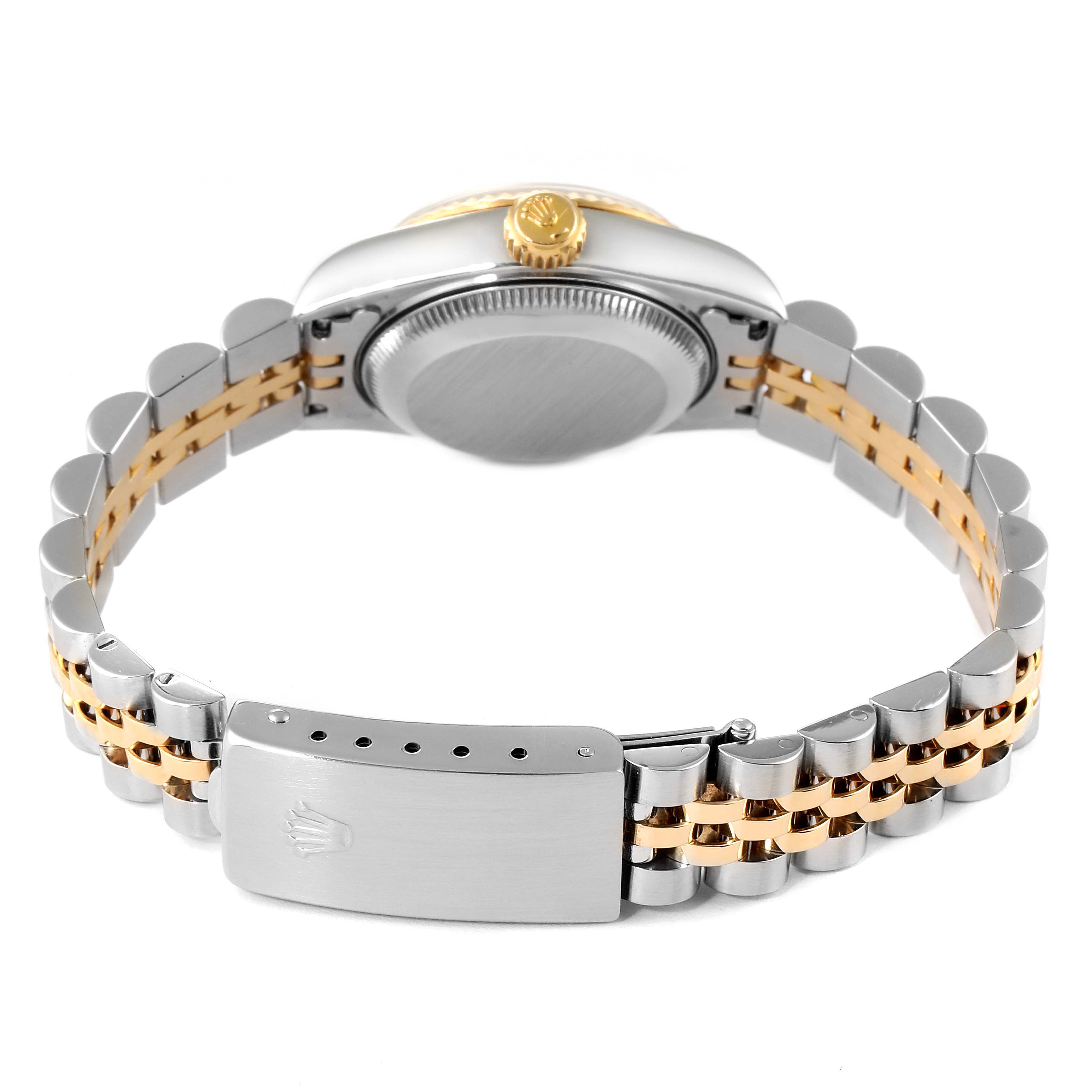 The image shows the Rolex Datejust 69173 Women's Steel and Gold (two tone) Blue Dial 69173 Women's Steel and Gold (two tone) Blue Dial watch from the back, highlighting the case back, crown, and two-tone bracelet with the clasp.