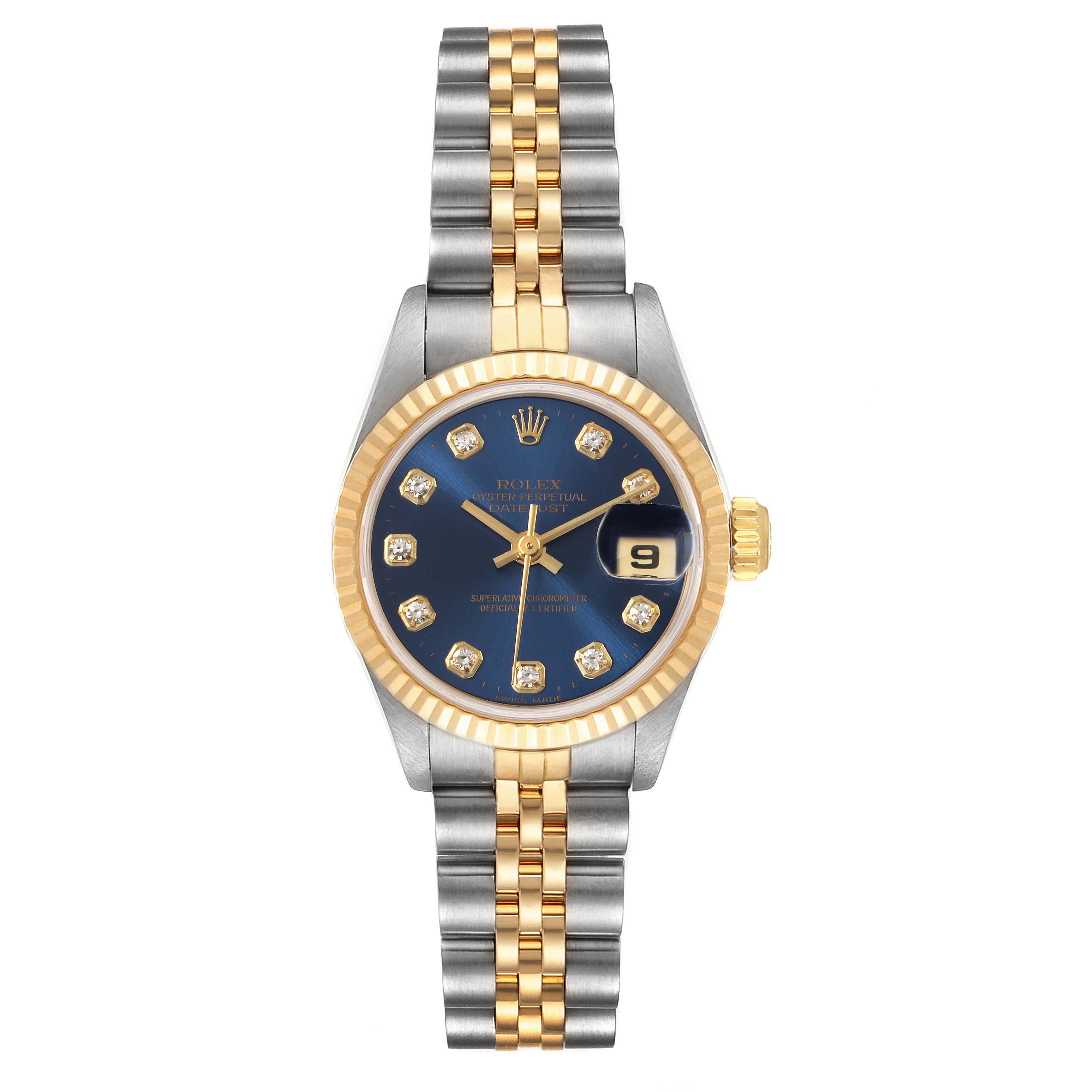 The image shows a front view of a Rolex Datejust 69173 Women's Steel and Gold (two tone) Blue Dial 69173 Women's Steel and Gold (two tone) Blue Dial with a two-tone bracelet, blue dial, and fluted bezel.
