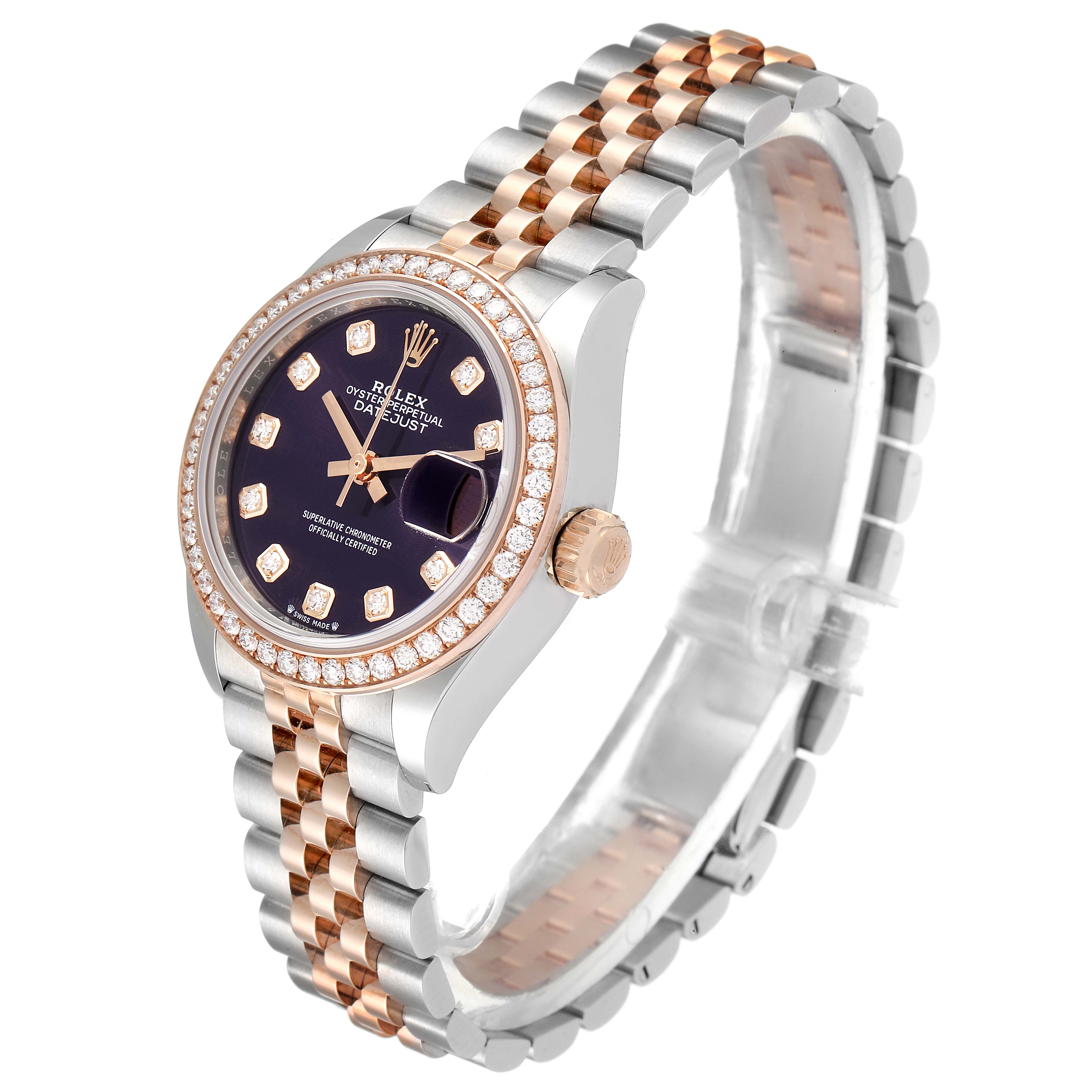 The image shows a side angle of a Rolex Datejust 279381 Women's Steel and Gold (two tone) Blue Dial 279381 Women's Steel and Gold (two tone) Blue Dial watch, highlighting its two-tone bracelet and diamond-studded bezel.