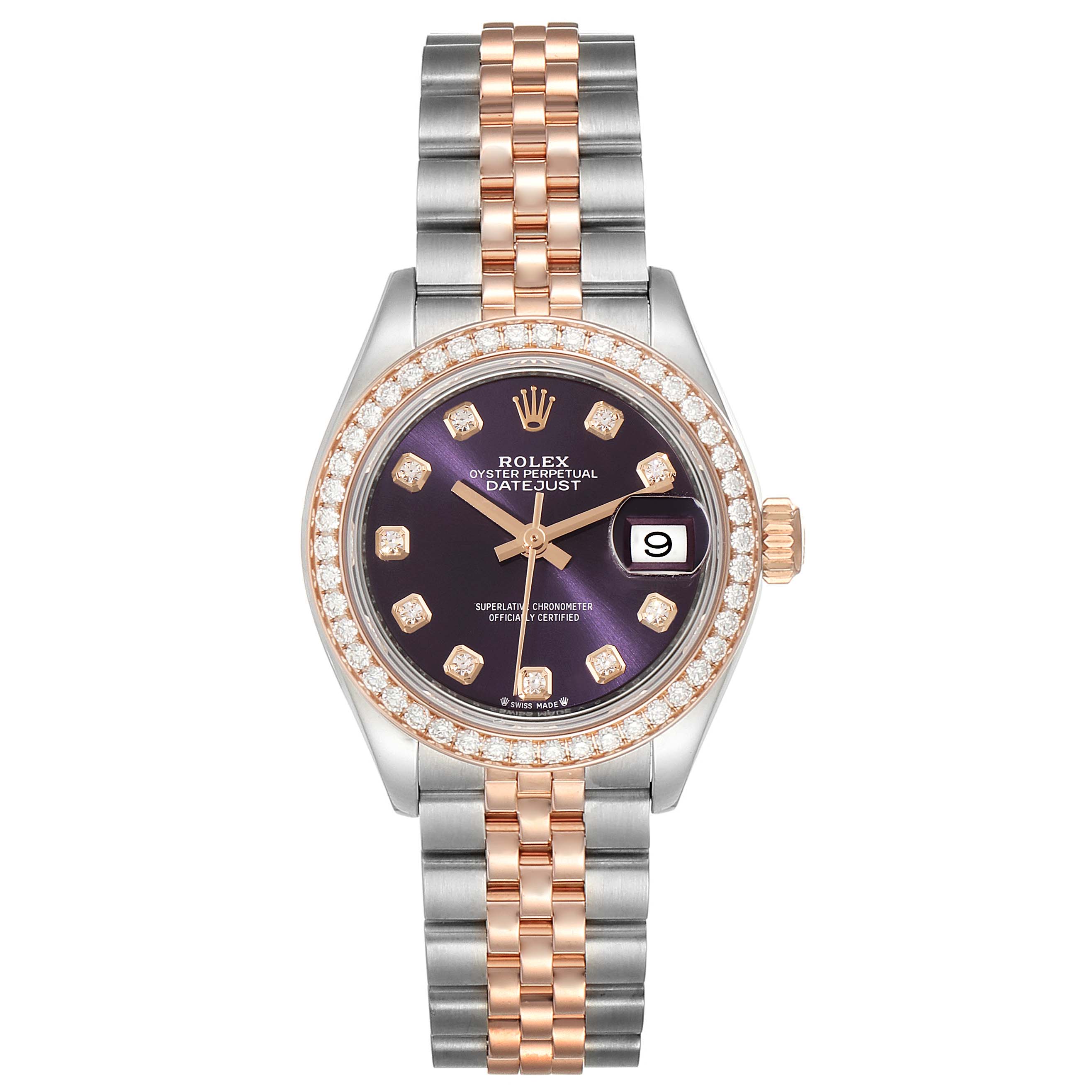 This Rolex Datejust 279381 Women's Steel and Gold (two tone) Blue Dial 279381 Women's Steel and Gold (two tone) Blue Dial watch is shown from a top-down angle, displaying the face, bezel, and two-tone bracelet.