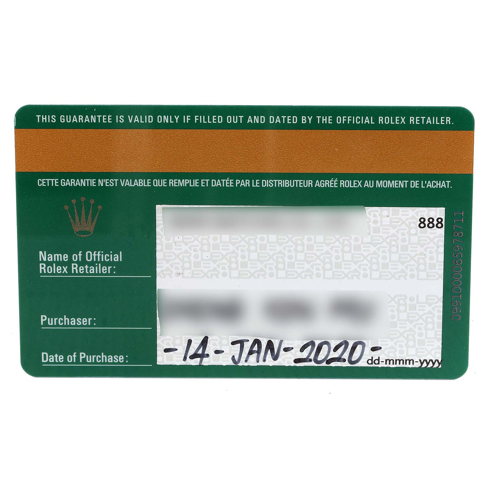 The image shows a guarantee card for the Rolex Datejust 279381 Women's Steel and Gold (two tone) Blue Dial 279381 Women's Steel and Gold (two tone) Blue Dial model with the date of purchase filled in.