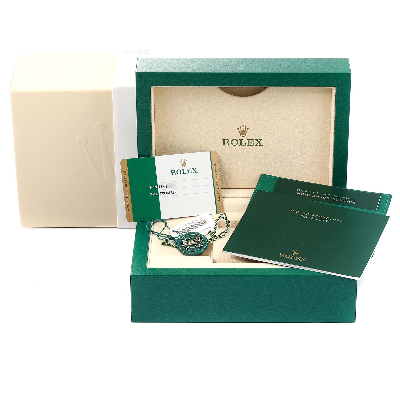 This image shows the packaging, warranty card, manual, and accessories for a Rolex Datejust 279381 Women's Steel and Gold (two tone) Blue Dial 279381 Women's Steel and Gold (two tone) Blue Dial model.