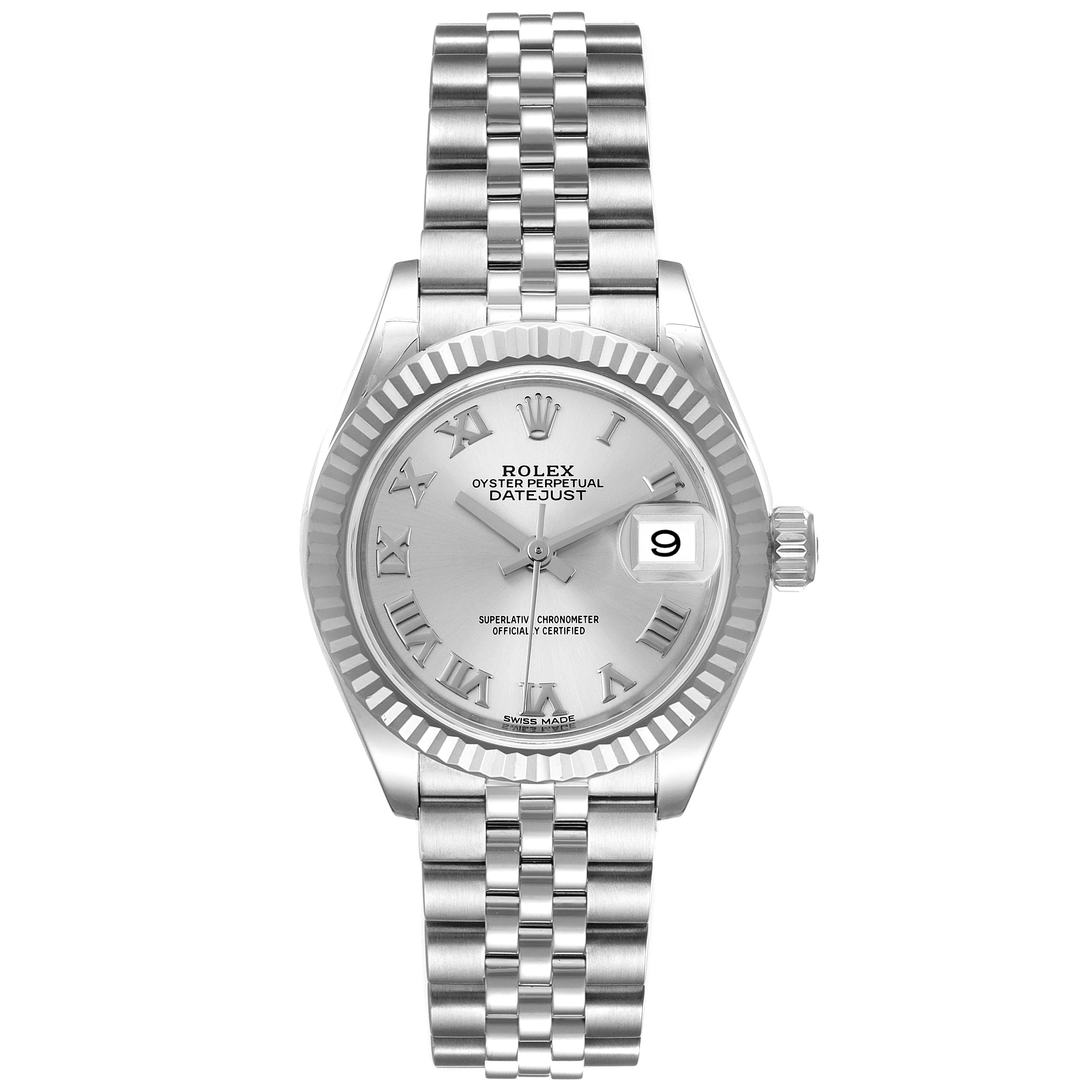 The image shows a front view of a Rolex Datejust 279174 Women's Stainless Steel Silver Dial 279174 Women's Stainless Steel Silver Dial watch, highlighting its dial, bezel, bracelet, and date window.