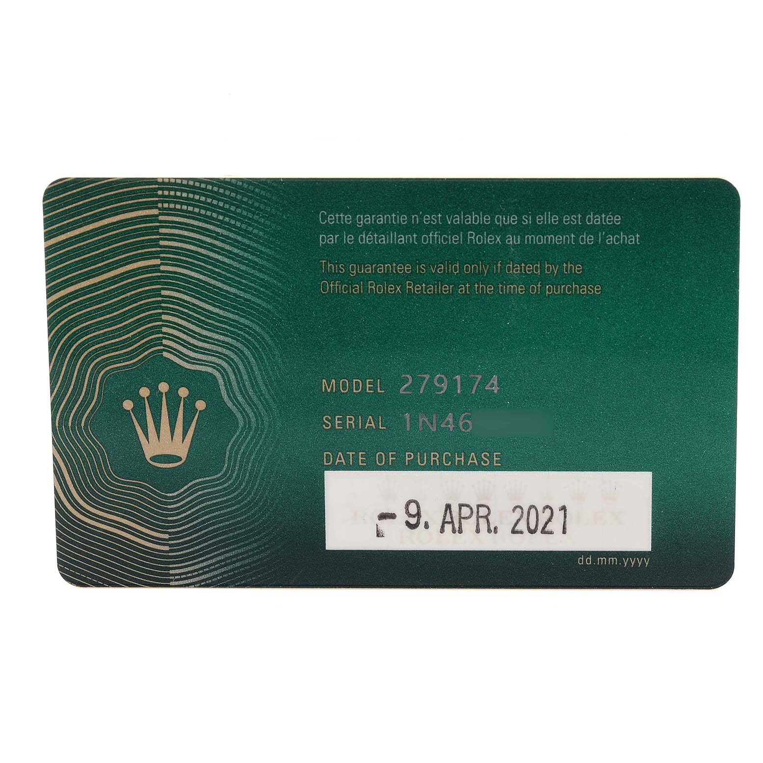 This image shows the warranty card for a Rolex Datejust 279174 Women's Stainless Steel Silver Dial 279174 Women's Stainless Steel Silver Dial model 279174, with the date of purchase noted as 9 April 2021.
