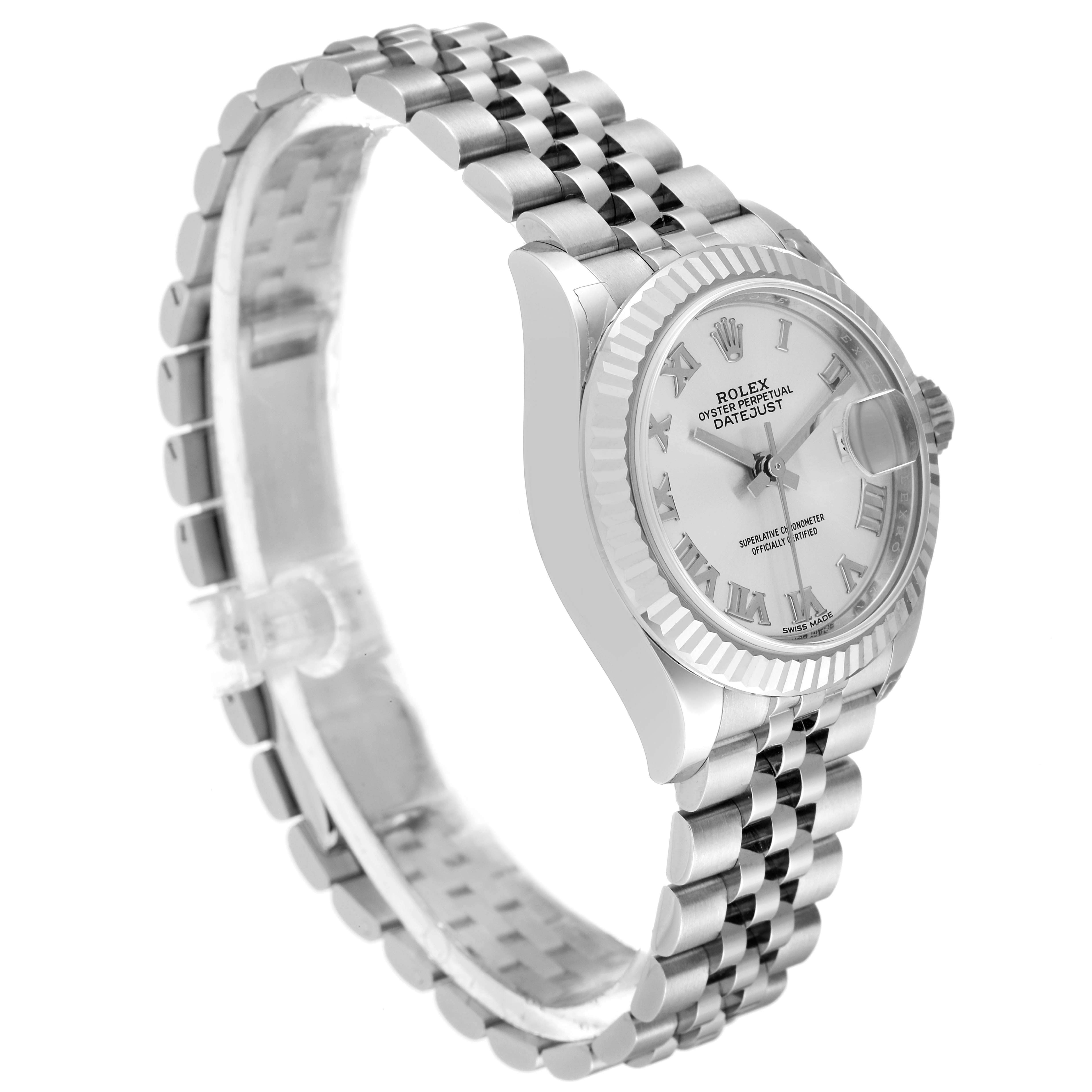 The image shows a side angle of the Rolex Datejust 279174 Women's Stainless Steel Silver Dial 279174 Women's Stainless Steel Silver Dial watch, highlighting the bezel, dial, and part of the jubilee bracelet.