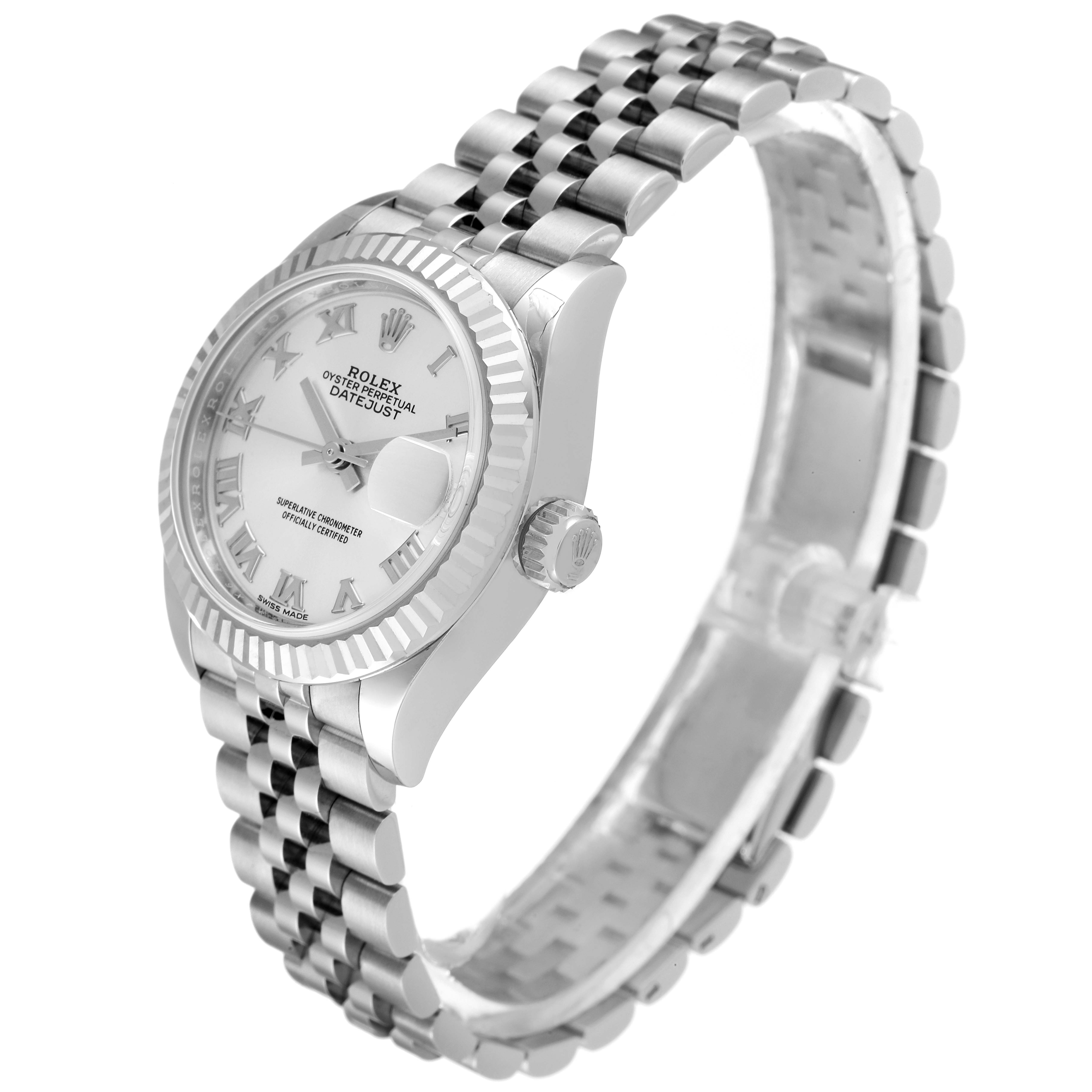 The image shows a side angle of a Rolex Datejust 279174 Women's Stainless Steel Silver Dial 279174 Women's Stainless Steel Silver Dial watch, highlighting the dial, crown, and bracelet.
