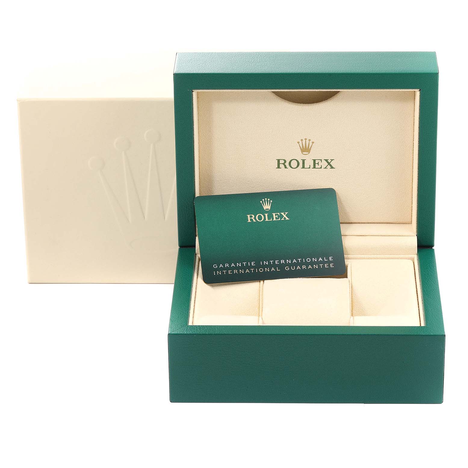 The image shows the packaging and international guarantee card for a Rolex Datejust 279174 Women's Stainless Steel Silver Dial 279174 Women's Stainless Steel Silver Dial watch.
