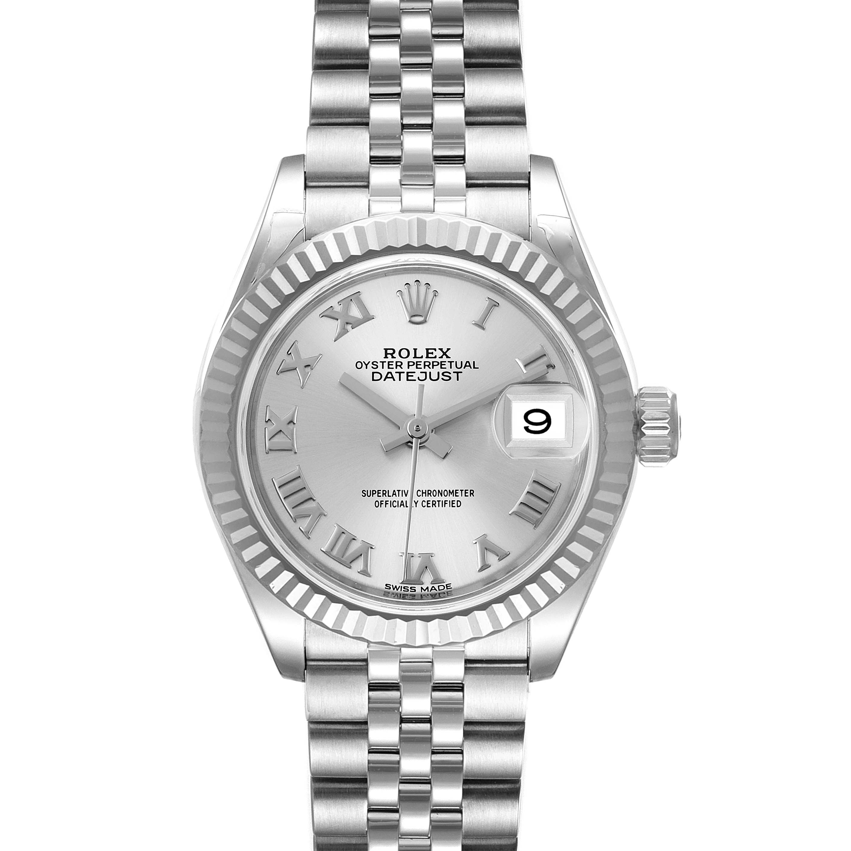 The Rolex Datejust 279174 Women's Stainless Steel Silver Dial 279174 Women's Stainless Steel Silver Dial watch is shown from a front angle displaying its face, bezel, dial, hands, and bracelet.