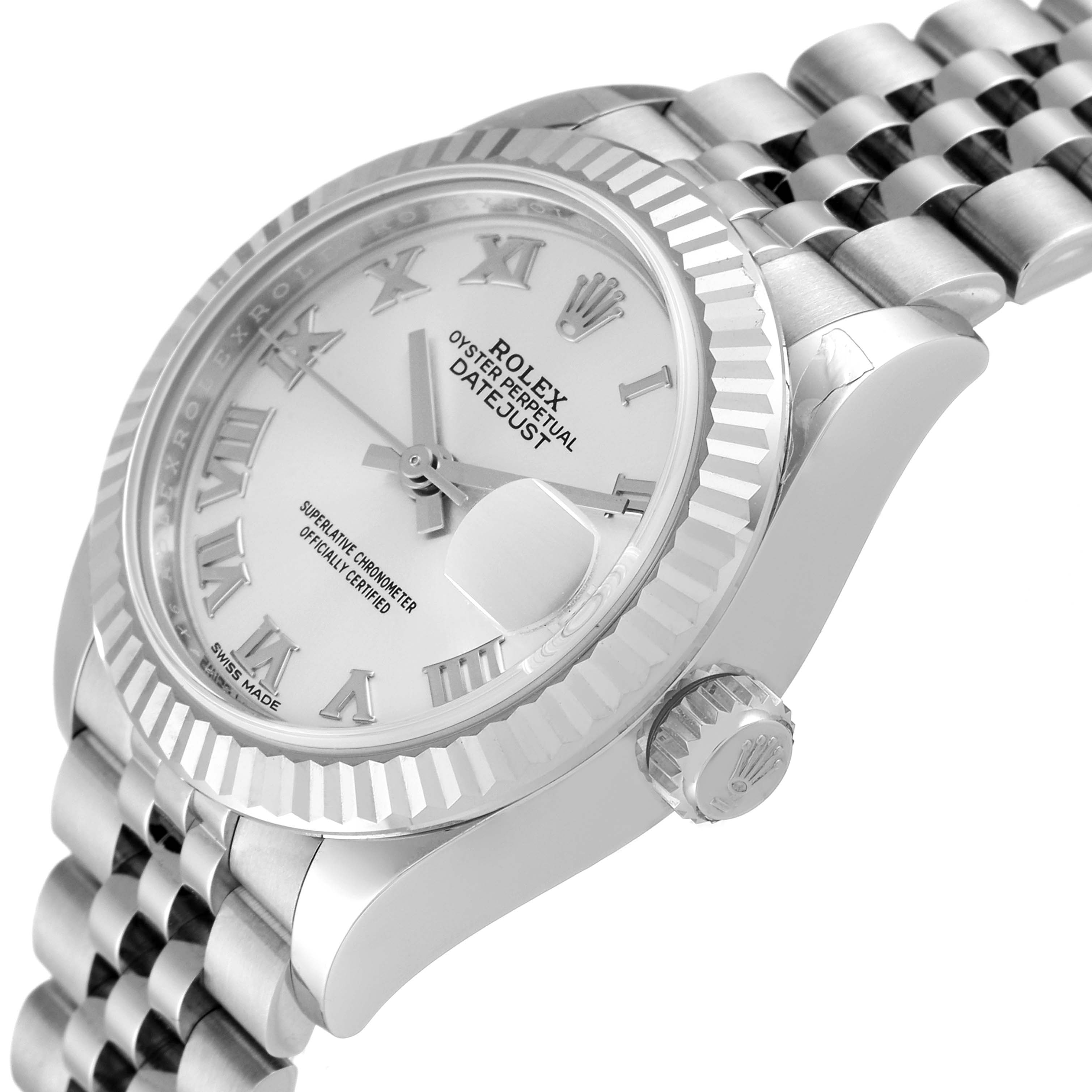 The image shows a close-up side view of a Rolex Datejust 279174 Women's Stainless Steel Silver Dial 279174 Women's Stainless Steel Silver Dial watch, highlighting its dial, bezel, and crown.