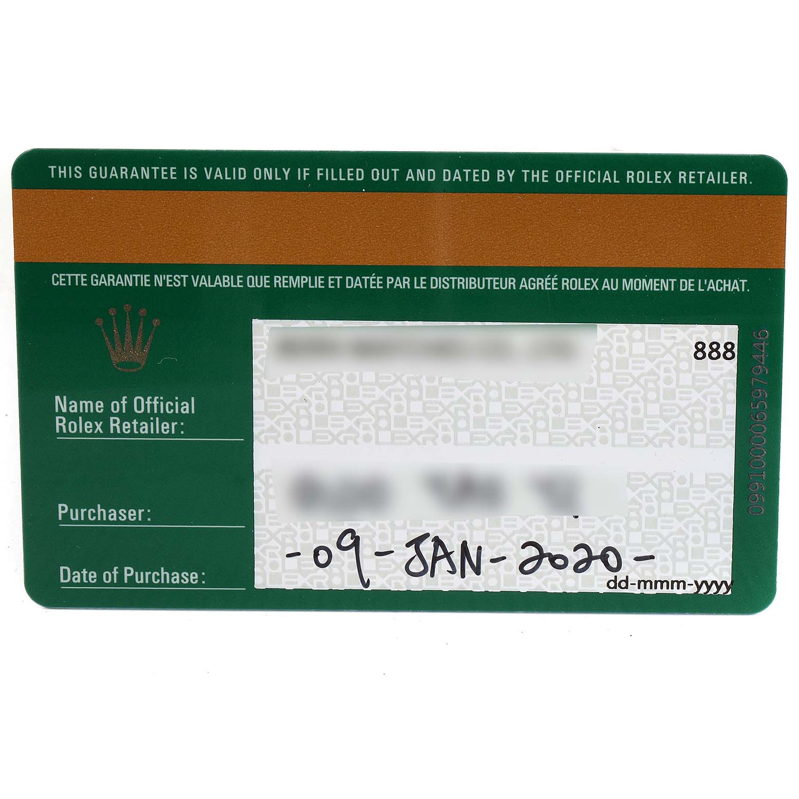 The image shows a close-up of a Rolex warranty card for a Mid-Size model, including purchase details.