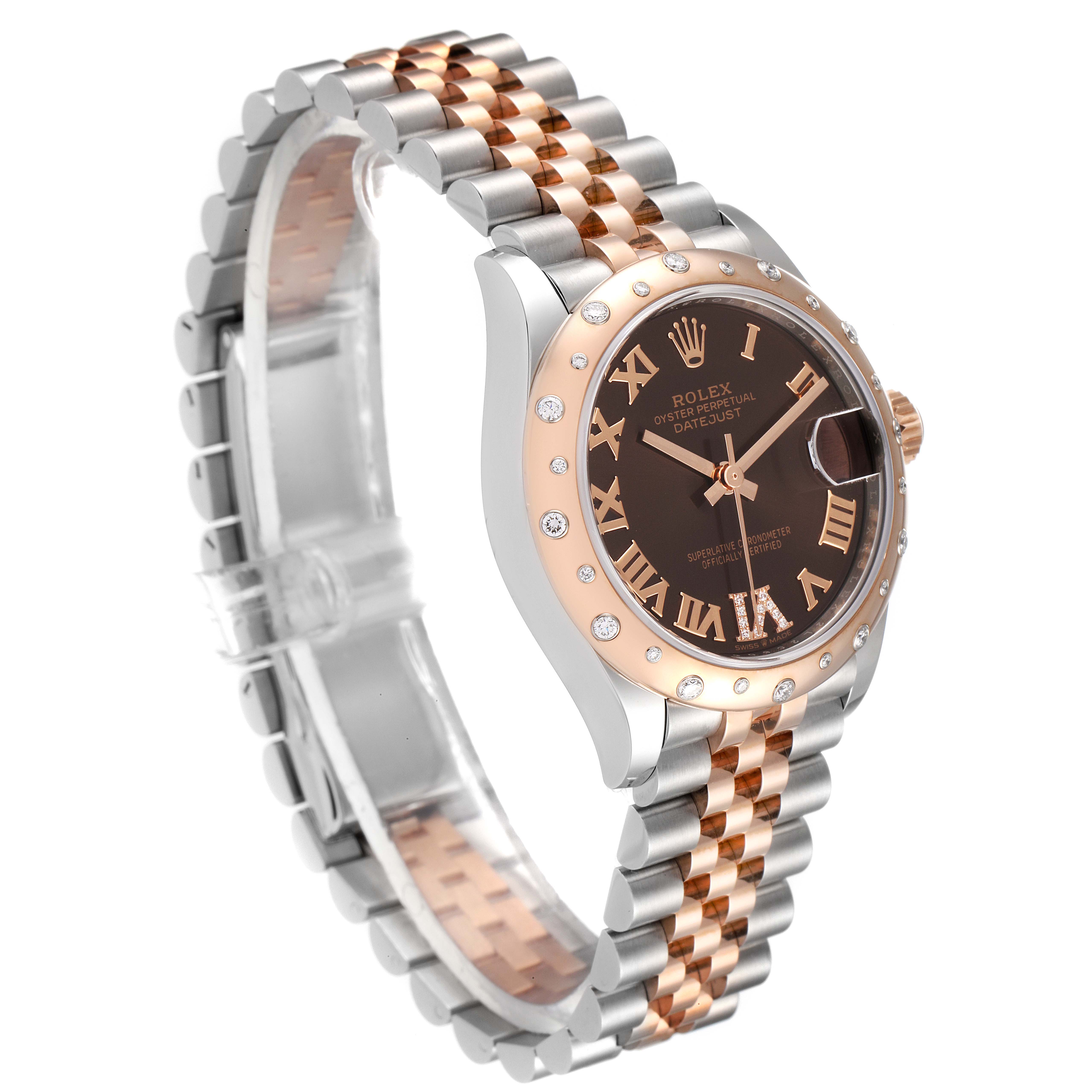 This image shows a side angle of a Rolex Mid-Size 278341 Women
s Steel and Gold (two tone) Brown Dial 278341 Women
s Steel and Gold (two tone) Brown Dial Datejust watch, highlighting the dial, bezel, crown, and two-tone bracelet.