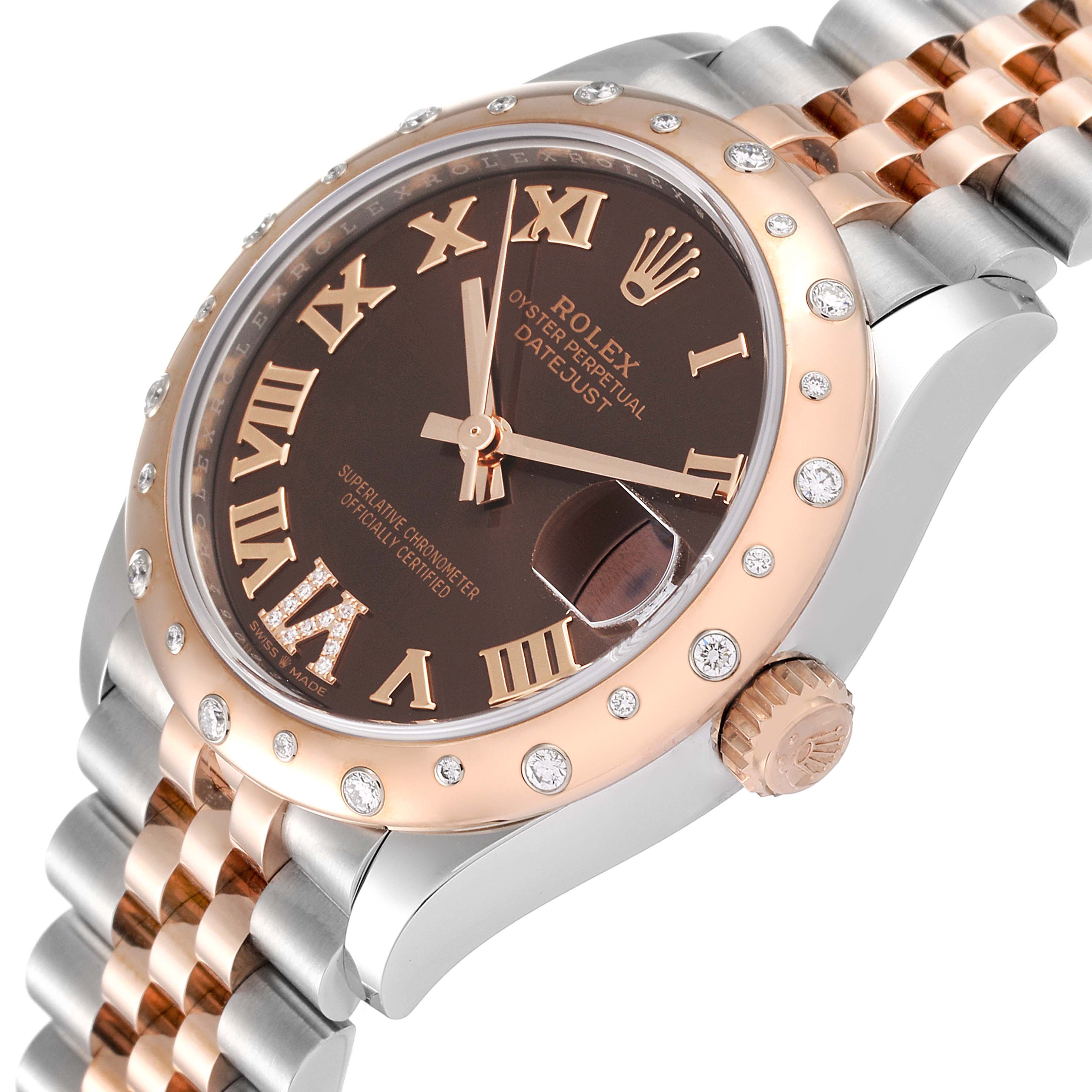 The image shows a close-up angle of the Rolex Mid-Size 278341 Women
s Steel and Gold (two tone) Brown Dial 278341 Women
s Steel and Gold (two tone) Brown Dial Datejust watch, highlighting its dial, bezel, crown, and part of the bracelet.