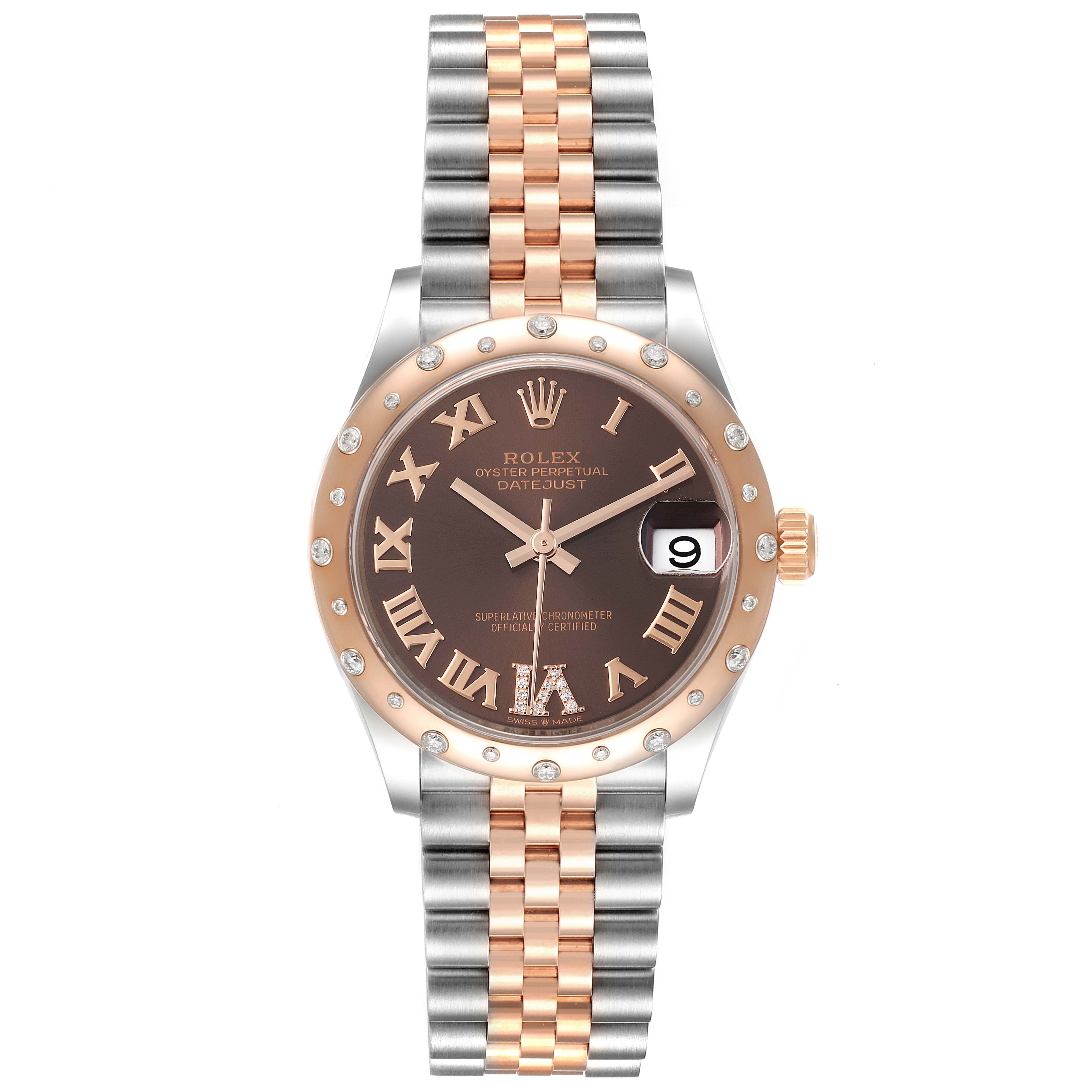 This image shows a front view of the Rolex Mid-Size 278341 Women
s Steel and Gold (two tone) Brown Dial 278341 Women
s Steel and Gold (two tone) Brown Dial Oyster Perpetual Datejust, highlighting the face, bezel, and bracelet.