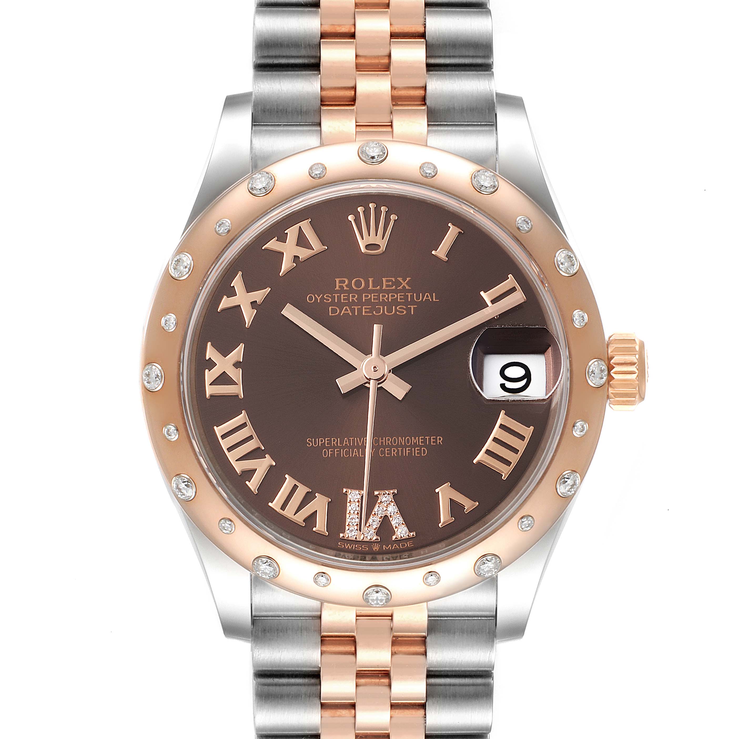 This Rolex Mid-Size 278341 Women
s Steel and Gold (two tone) Brown Dial 278341 Women
s Steel and Gold (two tone) Brown Dial Datejust watch is shown from the front, displaying the dial, bezel, hands, and bracelet.