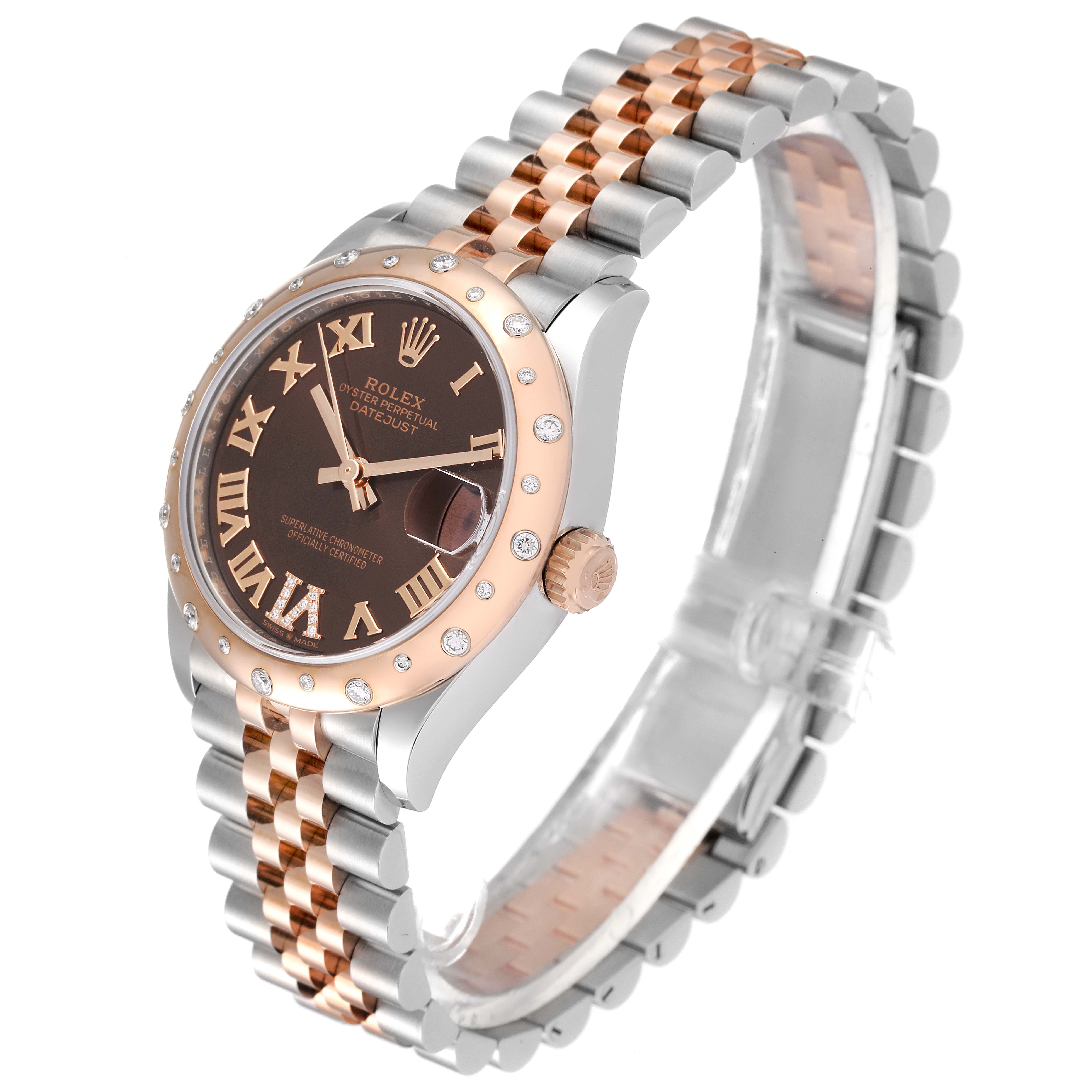 This Rolex Mid-Size 278341 Women
s Steel and Gold (two tone) Brown Dial 278341 Women
s Steel and Gold (two tone) Brown Dial watch is shown at an angled view displaying the dial, bezel, crown, and Jubilee bracelet.