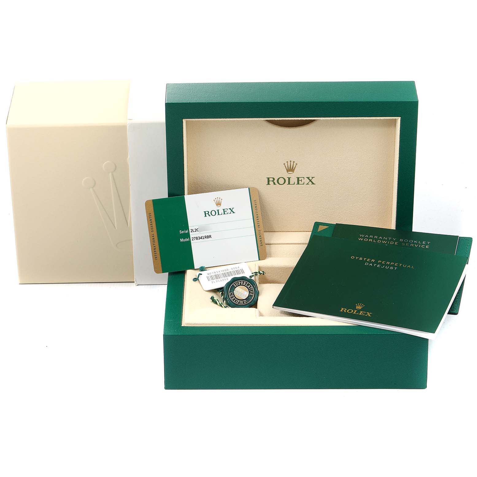 The image shows the packaging, warranty booklet, and certification card for a Rolex Mid-Size 278341 Women
s Steel and Gold (two tone) Brown Dial 278341 Women
s Steel and Gold (two tone) Brown Dial model watch.