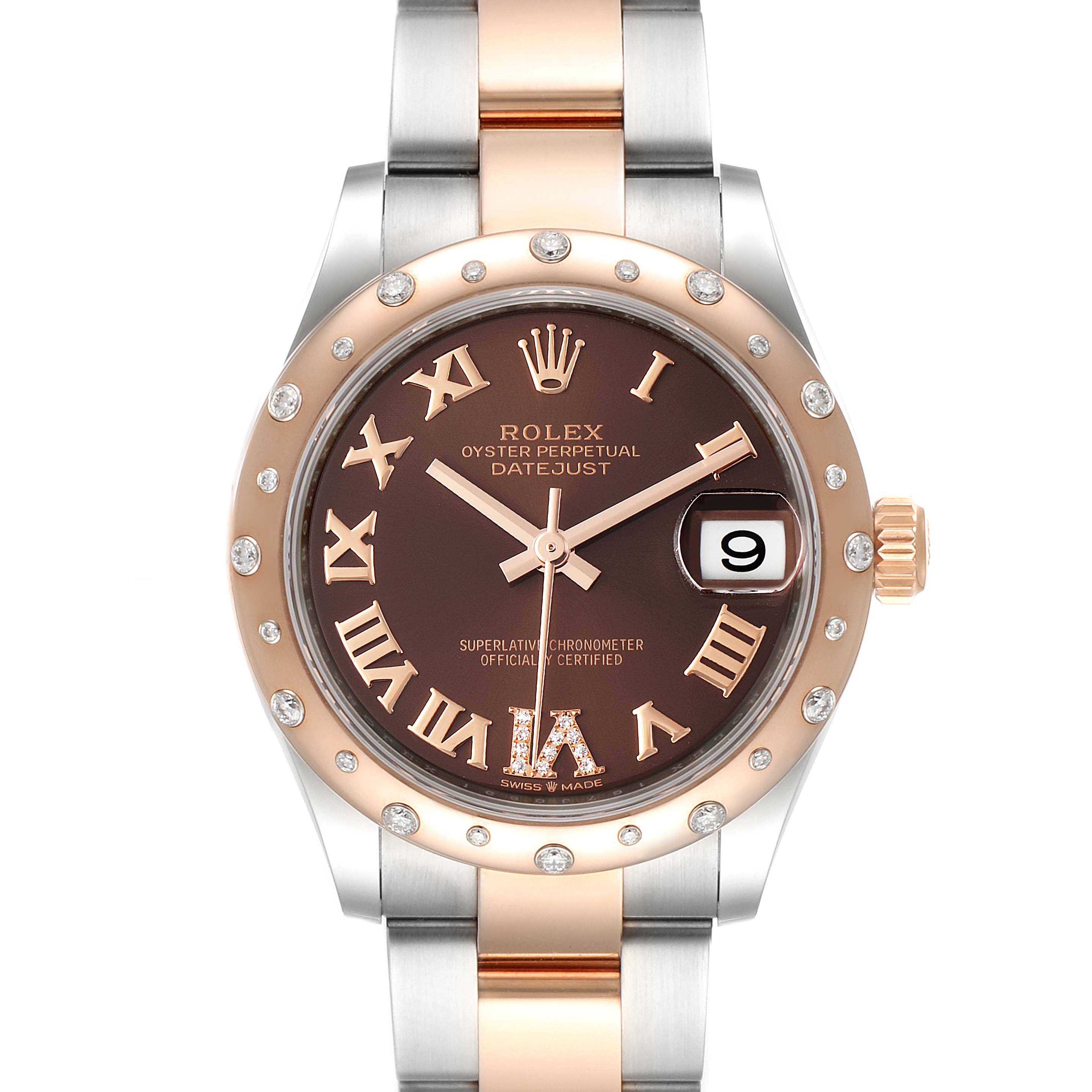 This image shows a front view of the Rolex Mid-Size 278341 Women's Steel and Gold (two tone) Brown Dial 278341 Women's Steel and Gold (two tone) Brown Dial Datejust, highlighting its dial, bezel, and part of the bracelet.