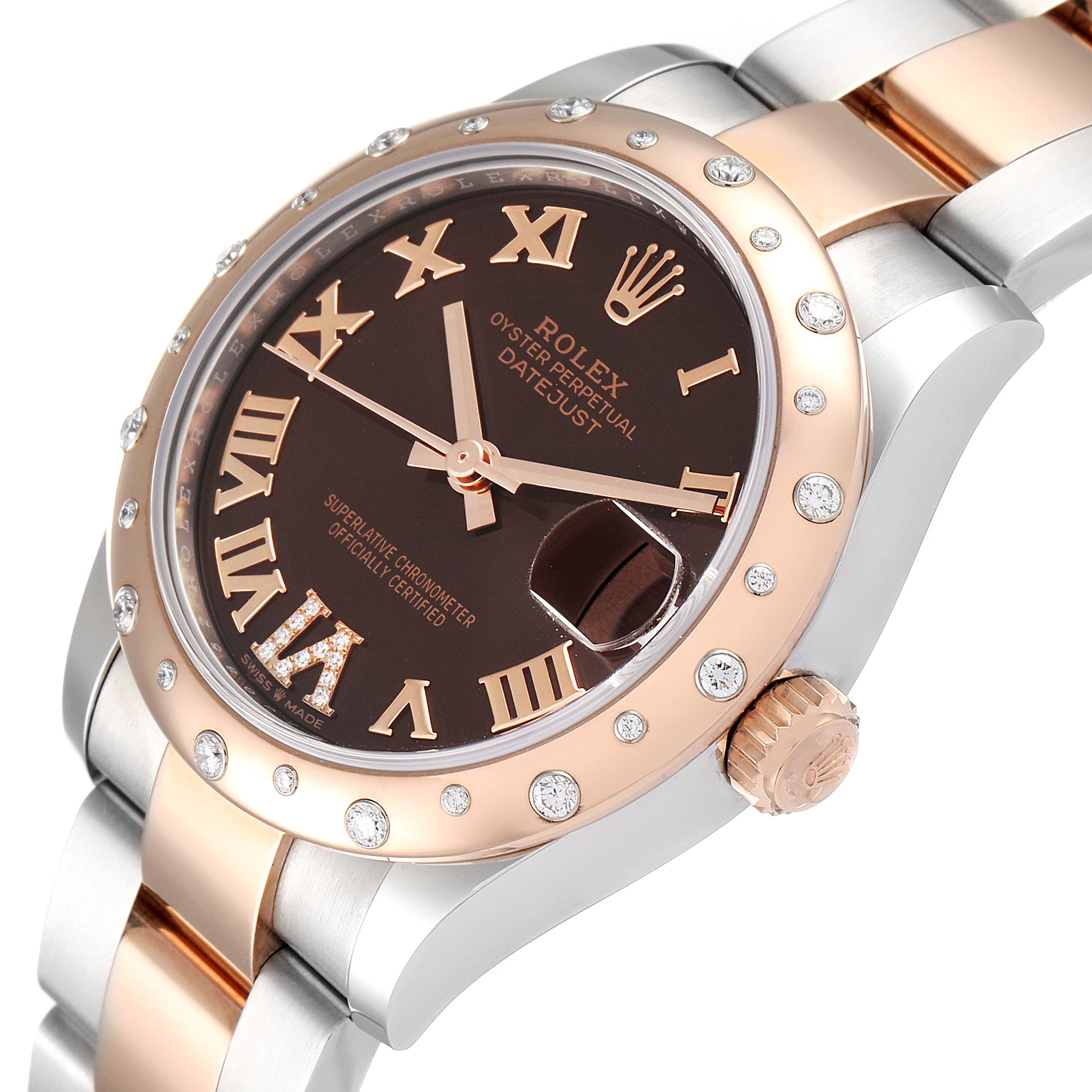 The image shows a close-up side angle of the Rolex Mid-Size 278341 Women's Steel and Gold (two tone) Brown Dial 278341 Women's Steel and Gold (two tone) Brown Dial Datejust watch highlighting its dial, bezel, crown, and bracelet.