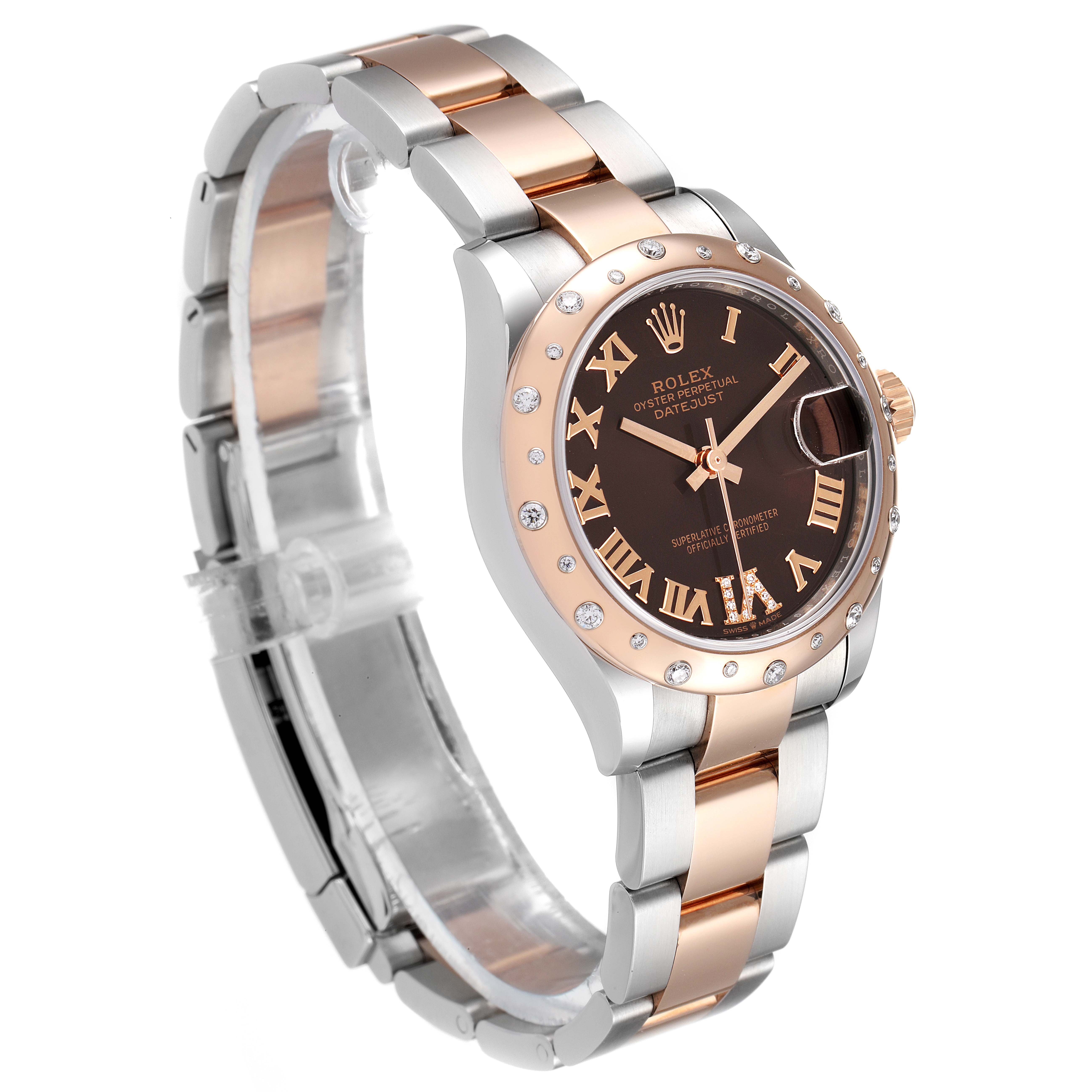 This image shows the Rolex Mid-Size 278341 Women's Steel and Gold (two tone) Brown Dial 278341 Women's Steel and Gold (two tone) Brown Dial watch at an angle revealing the face, bezel, crown, and part of the bracelet.