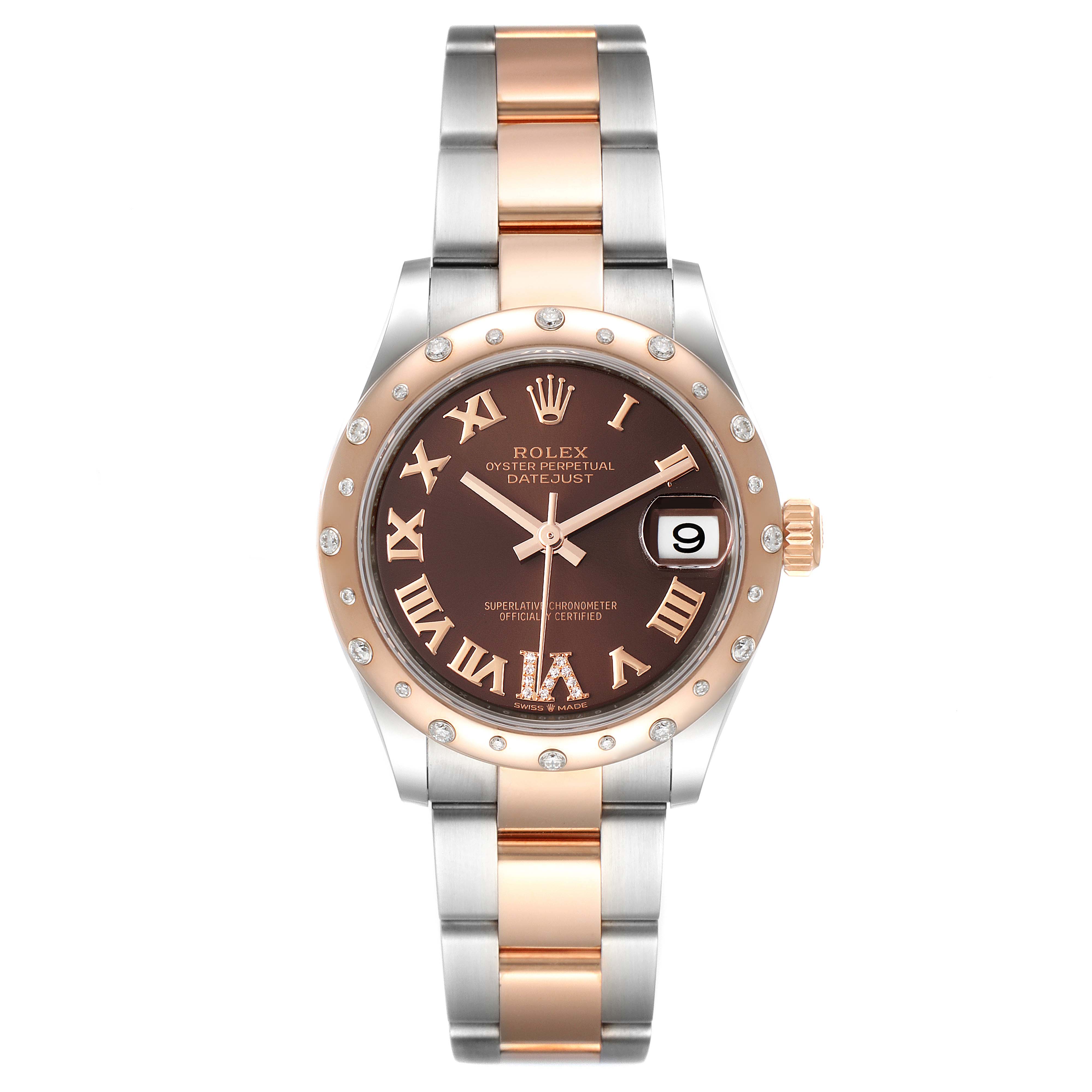 The image shows a front view of a mid-size Rolex Oyster Perpetual Datejust with a two-tone bracelet and diamond-studded bezel.