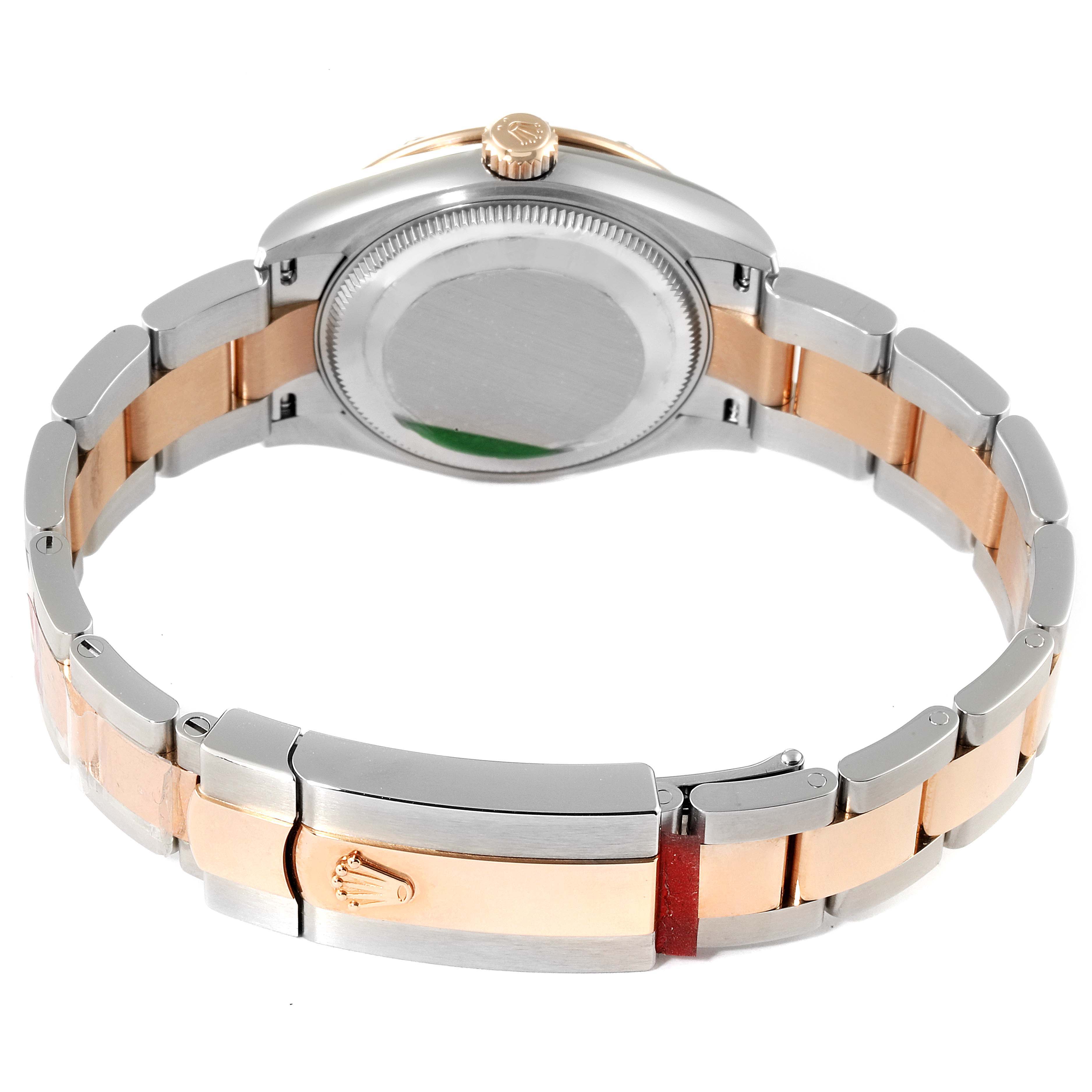 The image shows the back and side view of a Rolex Mid-Size 278341 Women's Steel and Gold (two tone) Brown Dial 278341 Women's Steel and Gold (two tone) Brown Dial model, highlighting the case back, bracelet, and clasp.