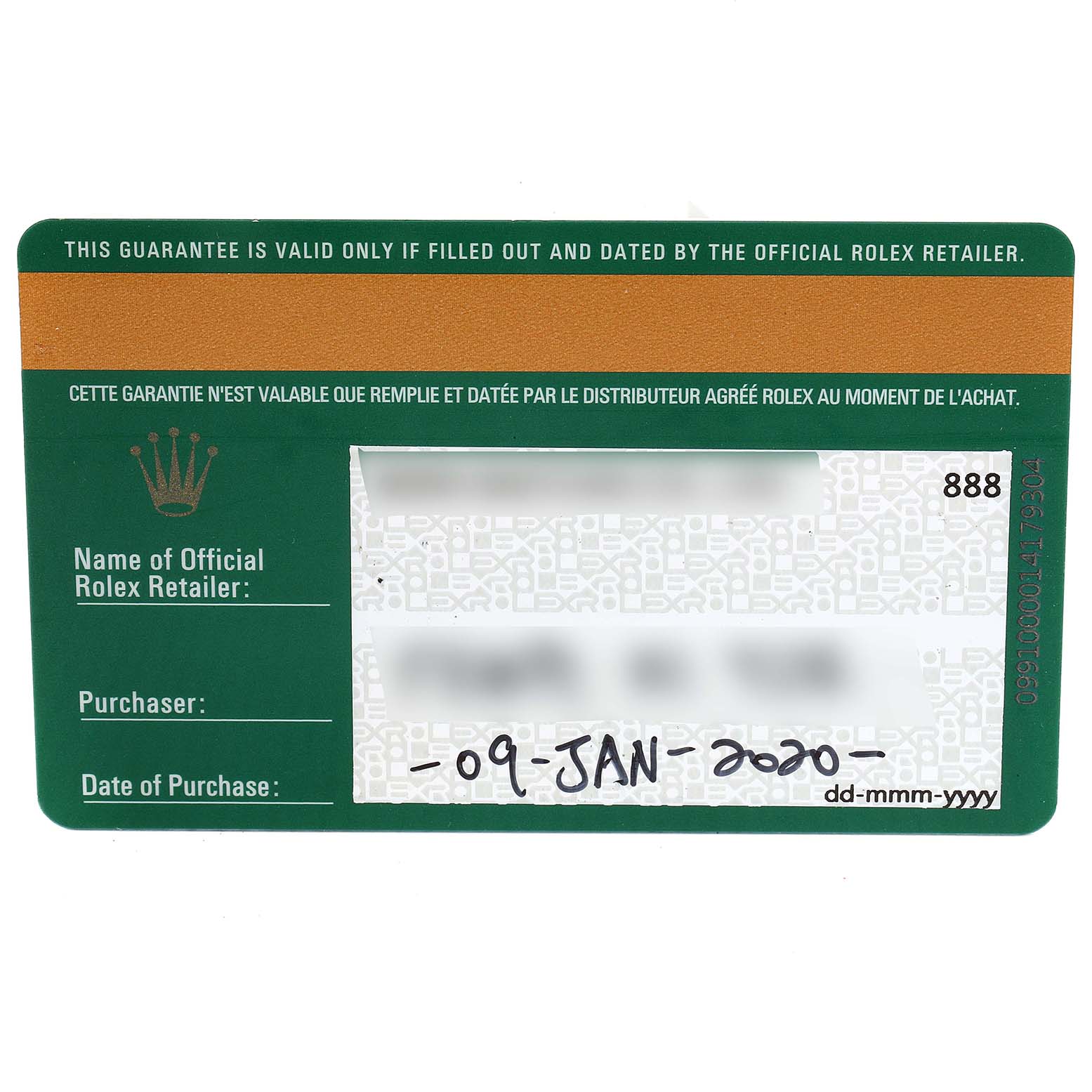 This image shows the guarantee card for a Mid-Size Rolex model.