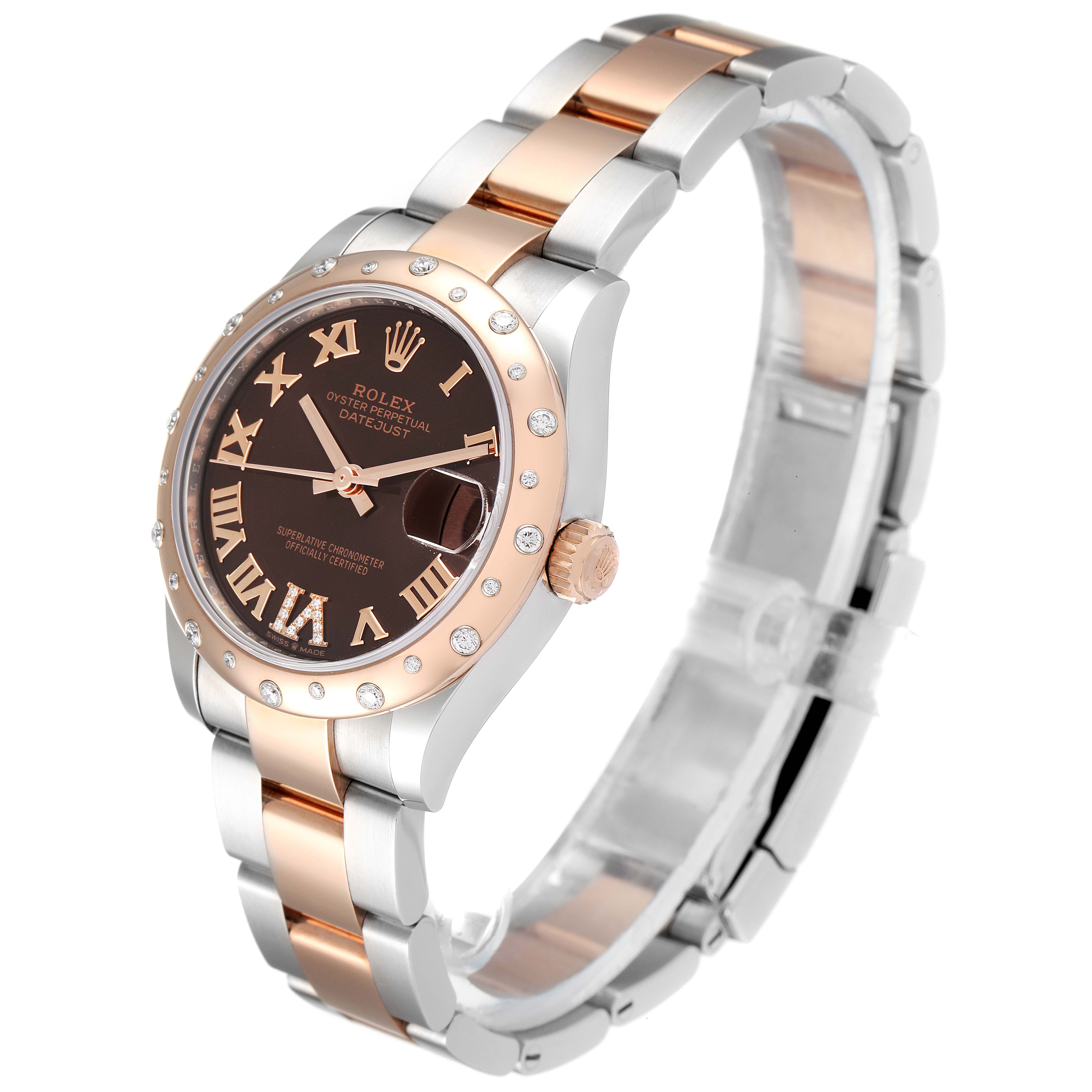 The image displays a side angle of a Mid-Size Rolex Oyster Perpetual Datejust watch, highlighting its rose gold bezel and two-tone bracelet.