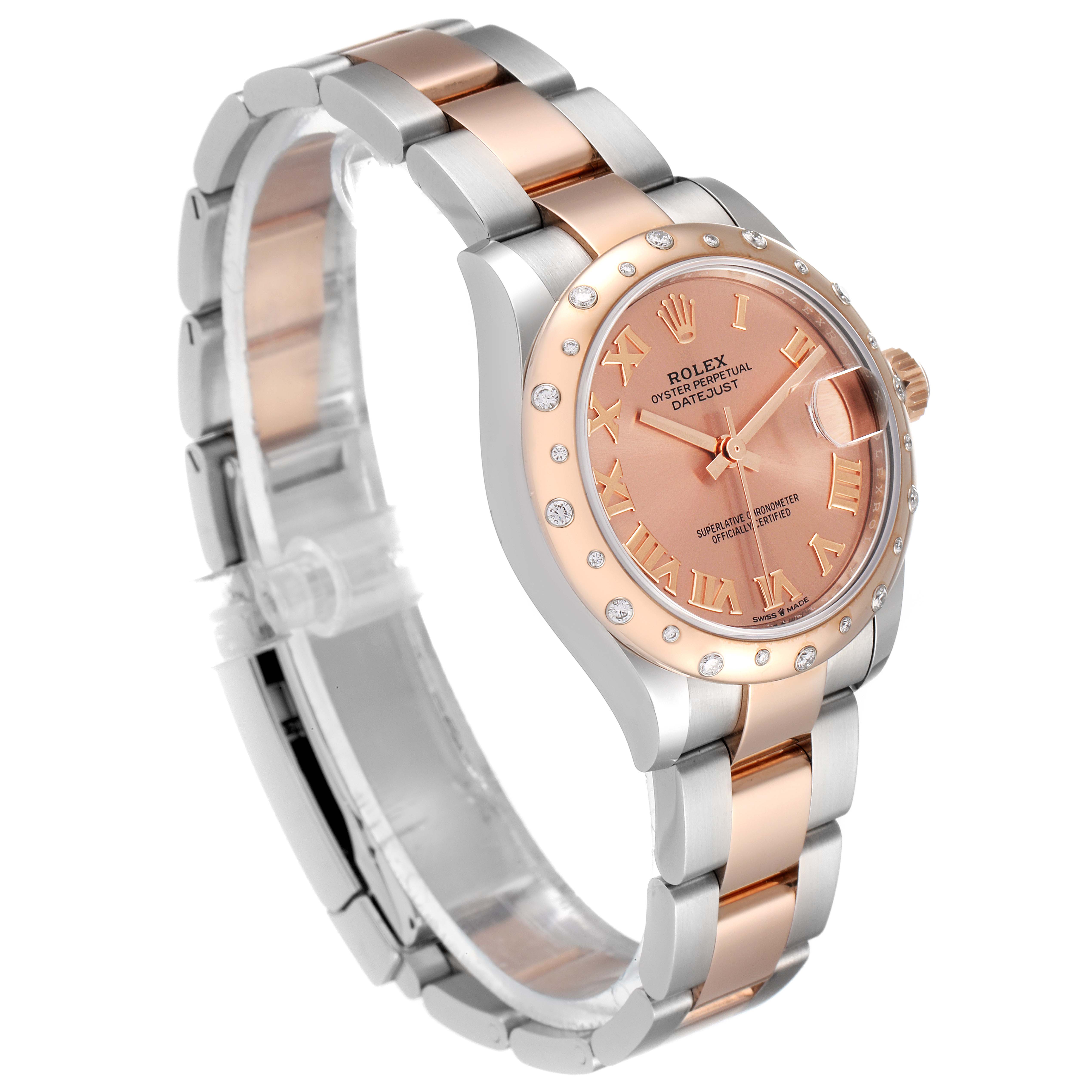 This Rolex Datejust Mid-Size model is shown at a slight angle, highlighting the face, bezel, and two-tone bracelet.