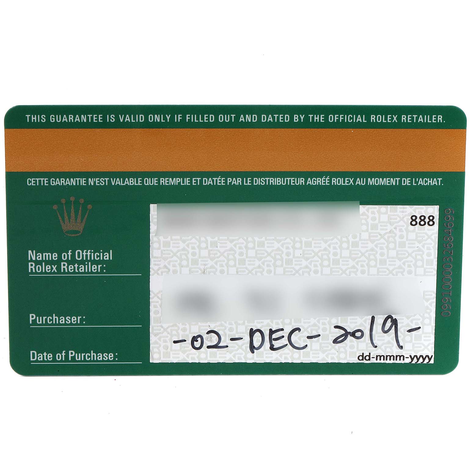 This image shows a Rolex guarantee card for a Mid-Size model, filled out with purchase details and retailer information.