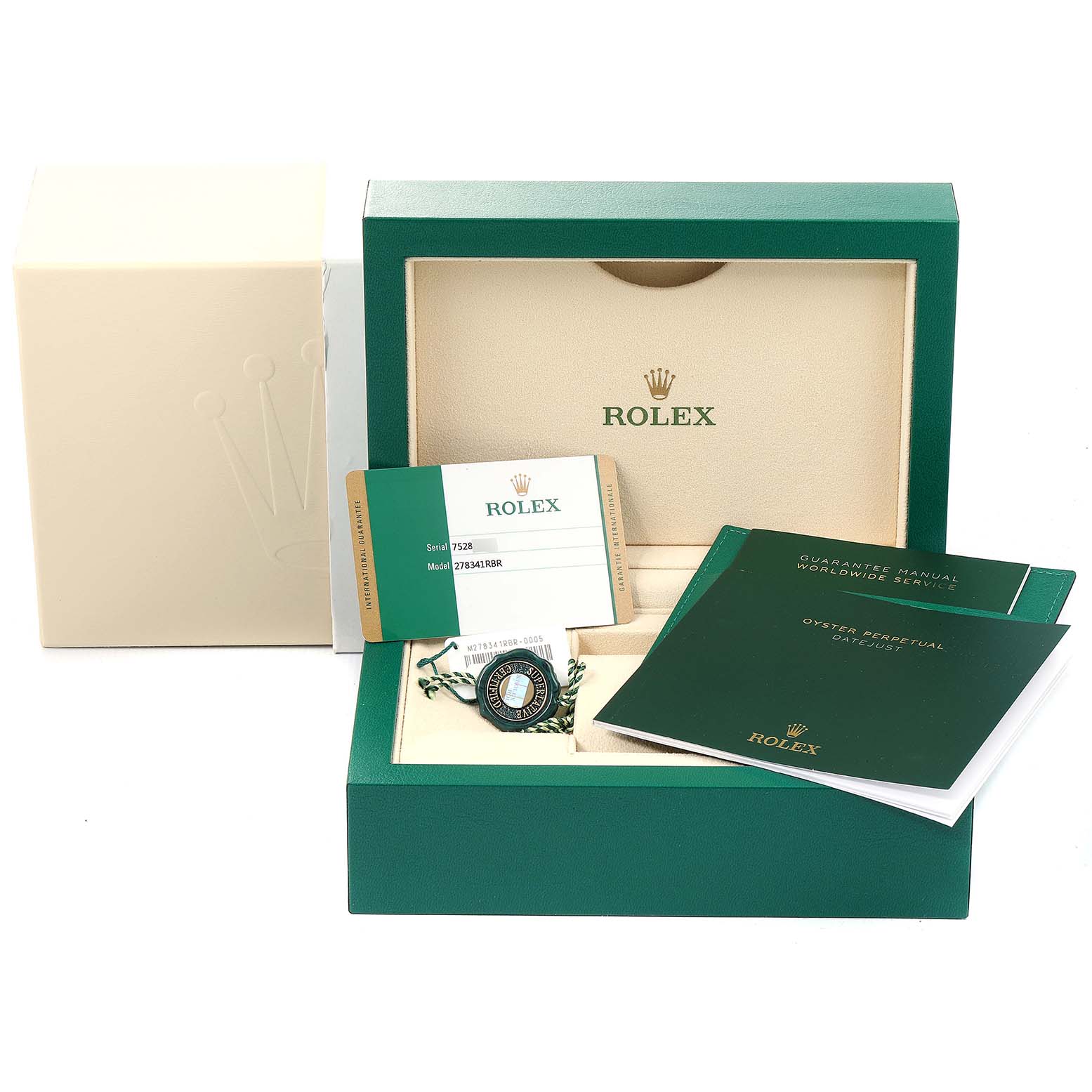 An open Rolex Mid-Size 278341 Women's Steel and Gold (two tone) Pink Dial 278341 Women's Steel and Gold (two tone) Pink Dial watch box with manuals, a tag, and paperwork visible from a front angle.