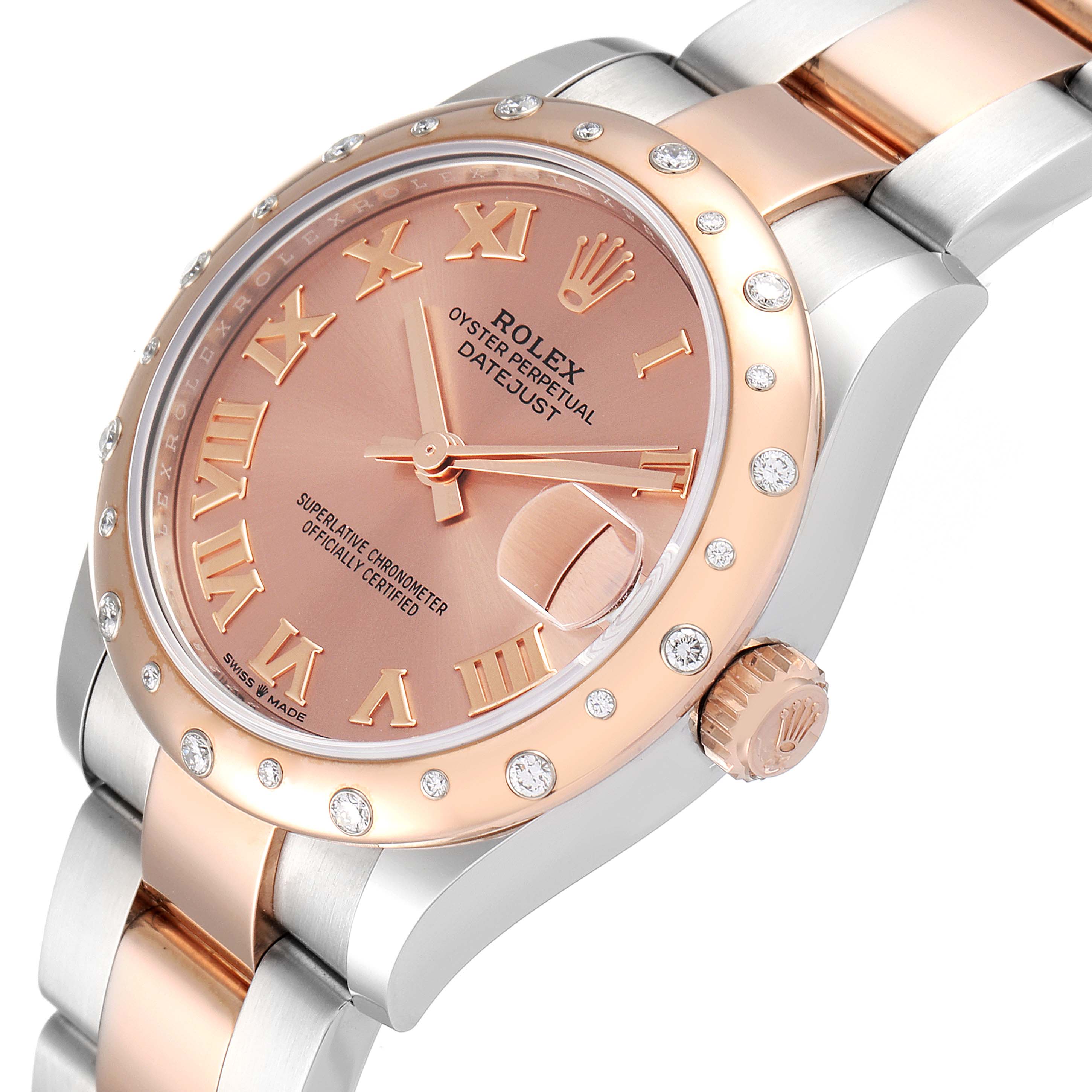 This image shows a close-up angle of the Rolex Oyster Perpetual Datejust Mid-Size watch, highlighting its rose gold bezel, dial, and bracelet.