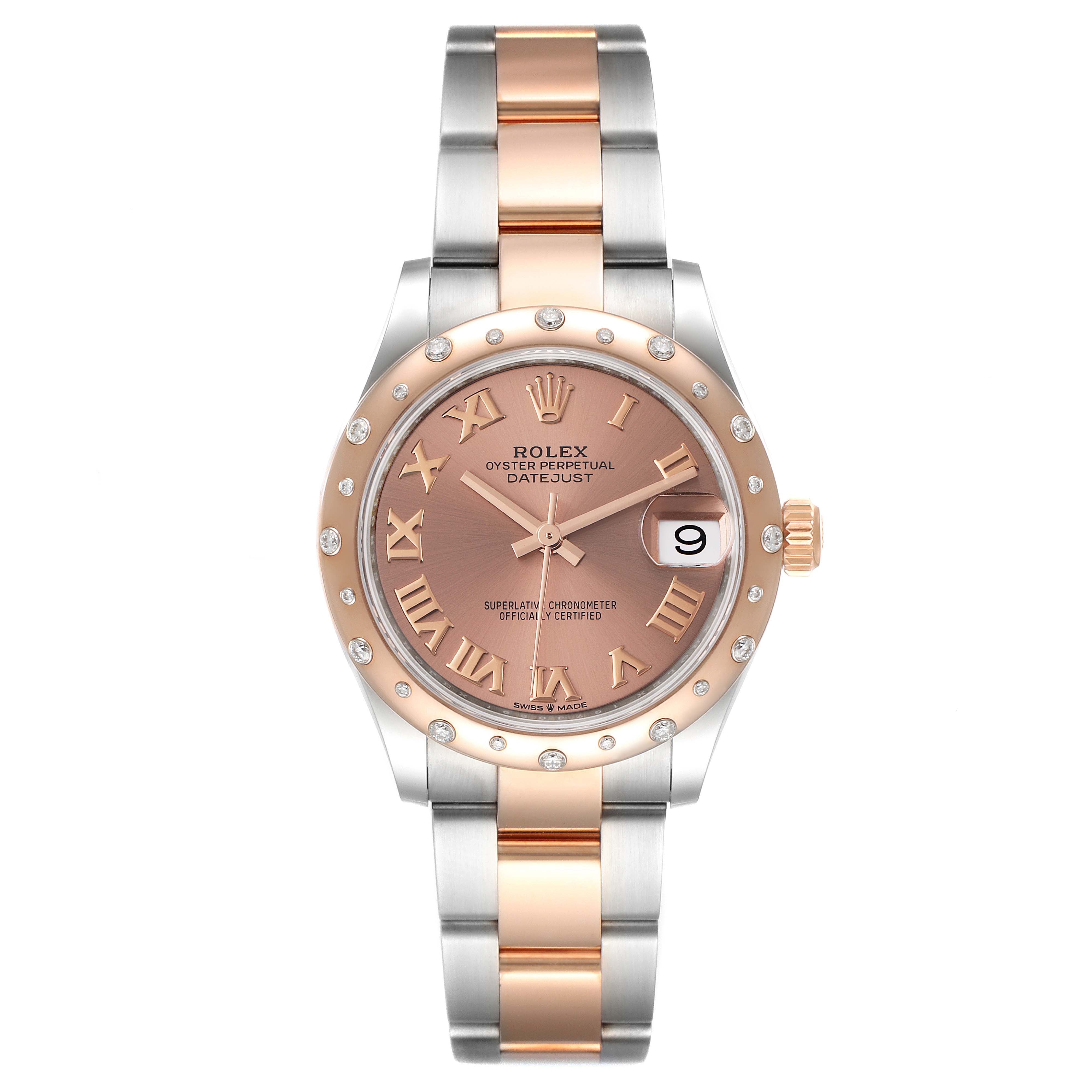 The image shows a frontal view of a Rolex Mid-Size 278341 Women's Steel and Gold (two tone) Pink Dial 278341 Women's Steel and Gold (two tone) Pink Dial Oyster Perpetual Datejust watch, highlighting its two-tone bracelet, Roman numeral dial, and date display.