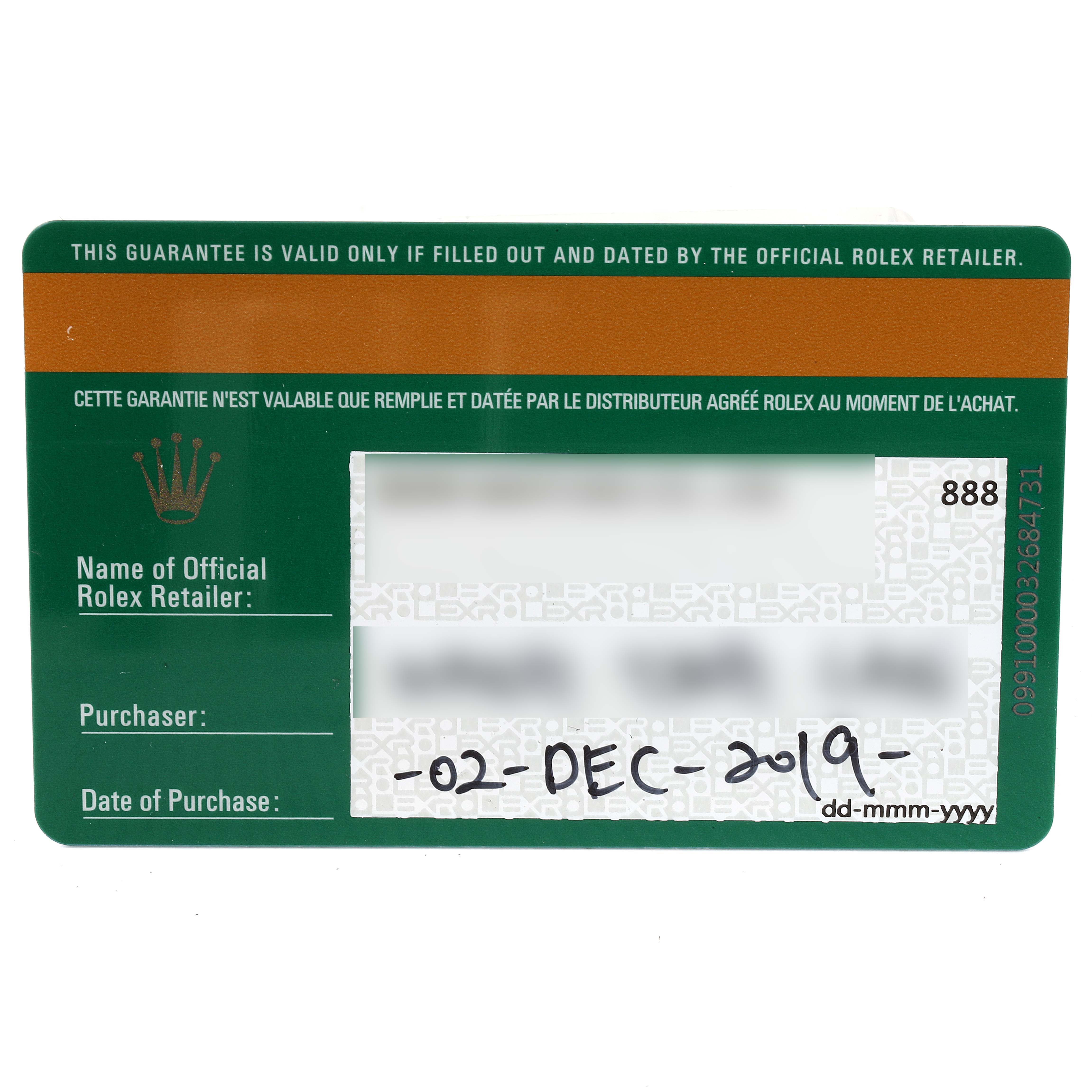 The image shows a warranty card for a Rolex Mid-Size 278341 Women's Steel and Gold (two tone) Pink Dial 278341 Women's Steel and Gold (two tone) Pink Dial model, viewed from the front, which includes details of the retailer, purchaser, and date of purchase.