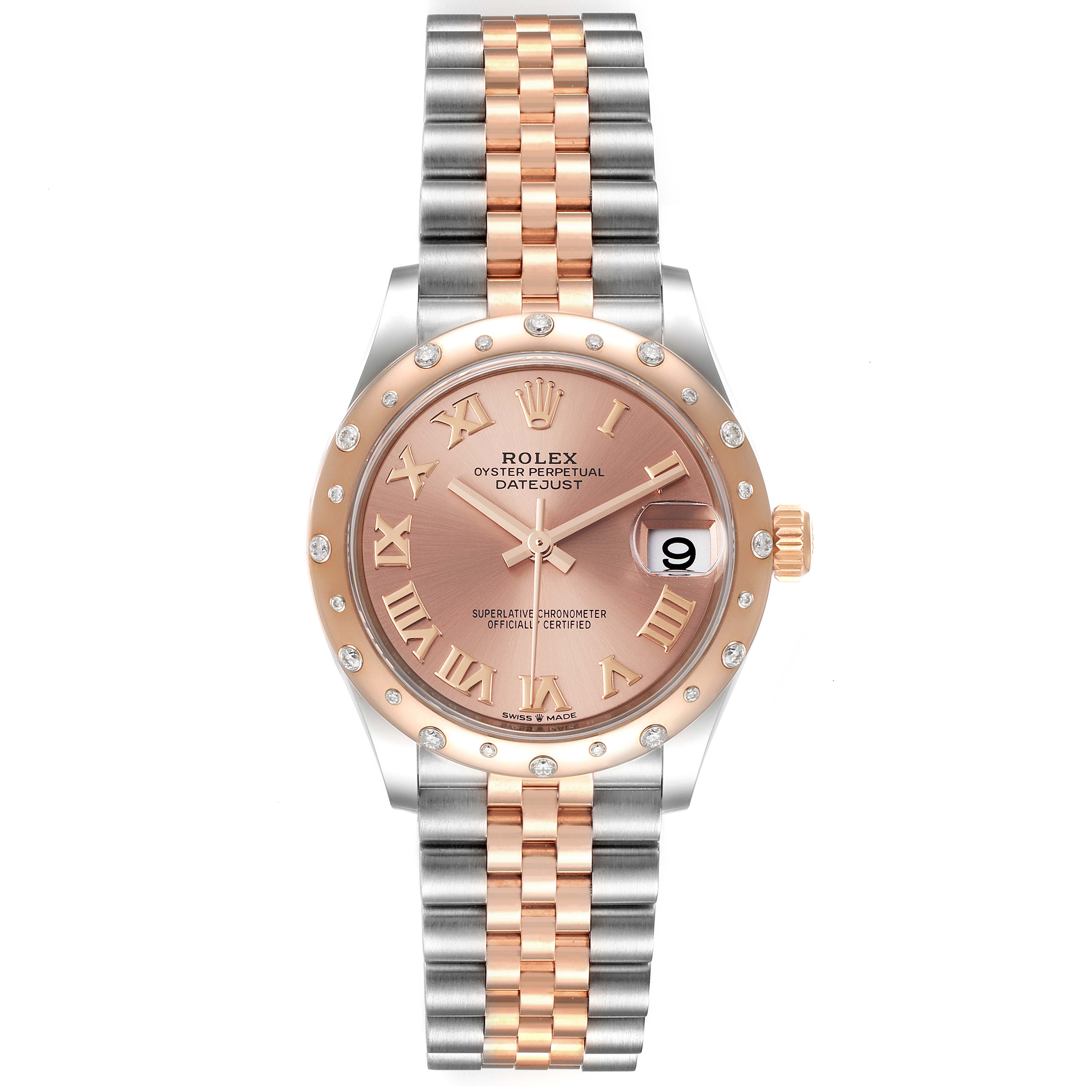 This image shows a front view of a Rolex Mid-Size 278341 Women's Steel and Gold (two tone) Pink Dial 278341 Women's Steel and Gold (two tone) Pink Dial Oyster Perpetual Datejust watch with a two-tone bracelet and rose gold bezel.
