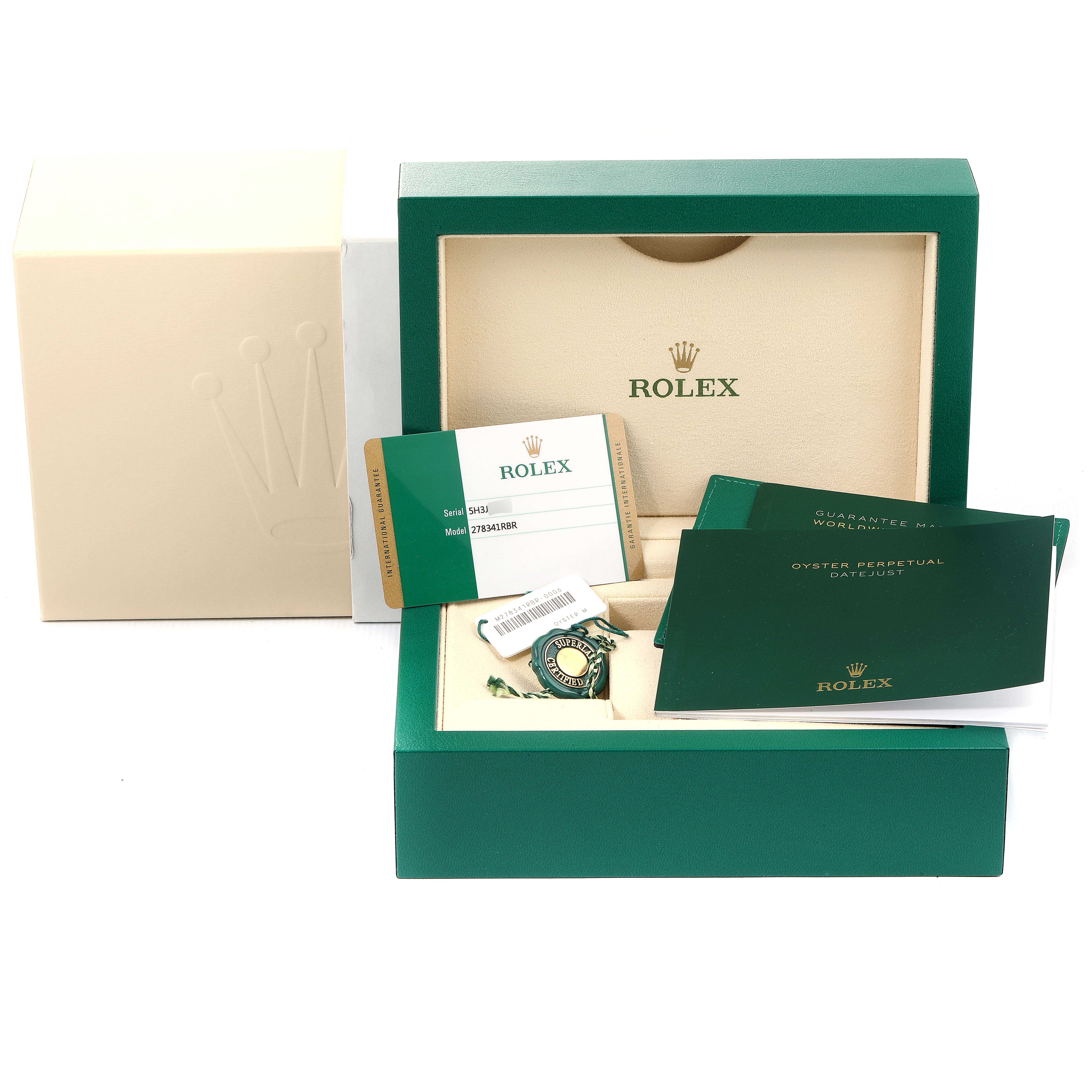 The image shows a Rolex Mid-Size 278341 Women's Steel and Gold (two tone) Pink Dial 278341 Women's Steel and Gold (two tone) Pink Dial model, its box, warranty card, and instruction manuals from a front angle.