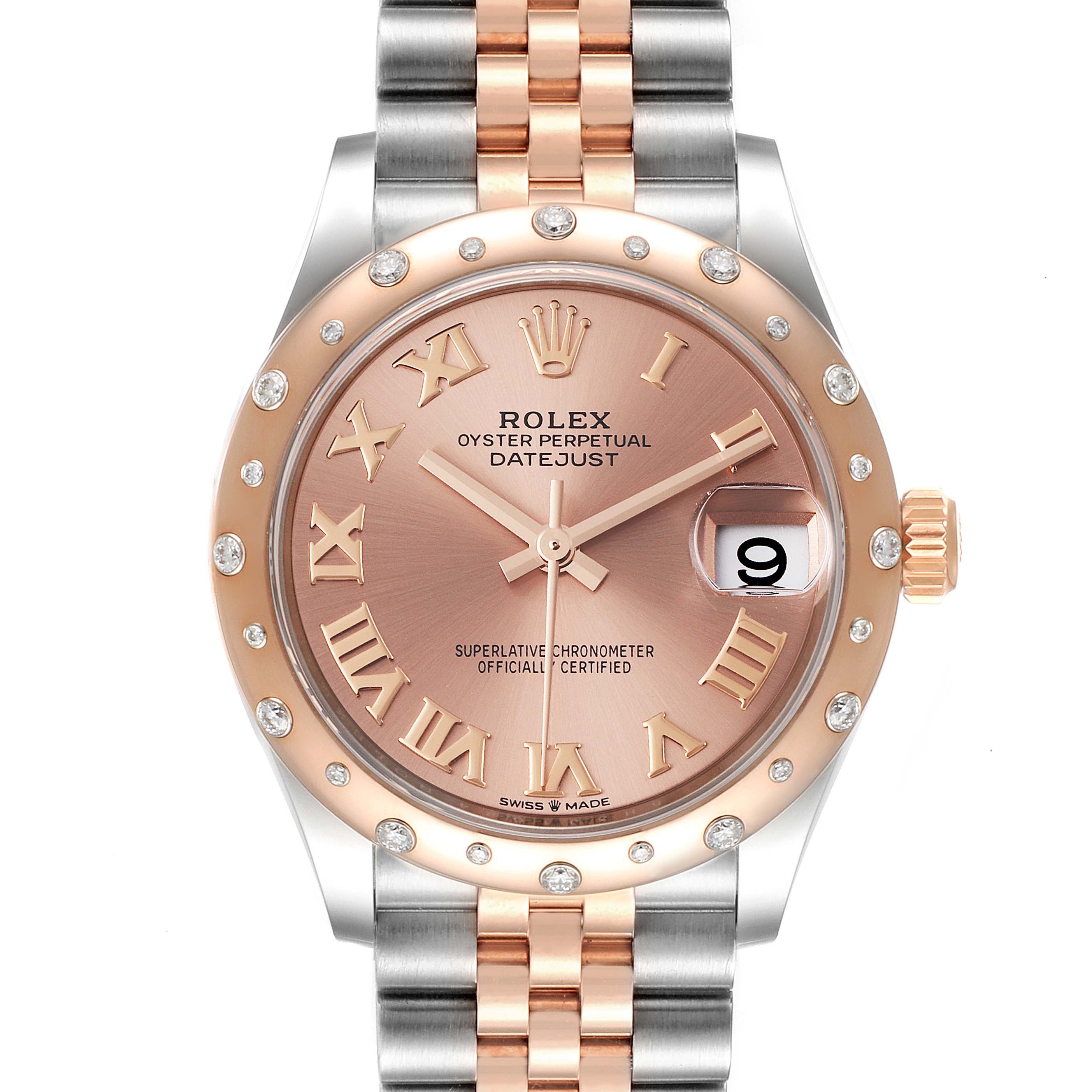The image shows a Rolex Oyster Perpetual Datejust Mid-Size watch, featuring a close-up of the face, bezel, and part of the bracelet.