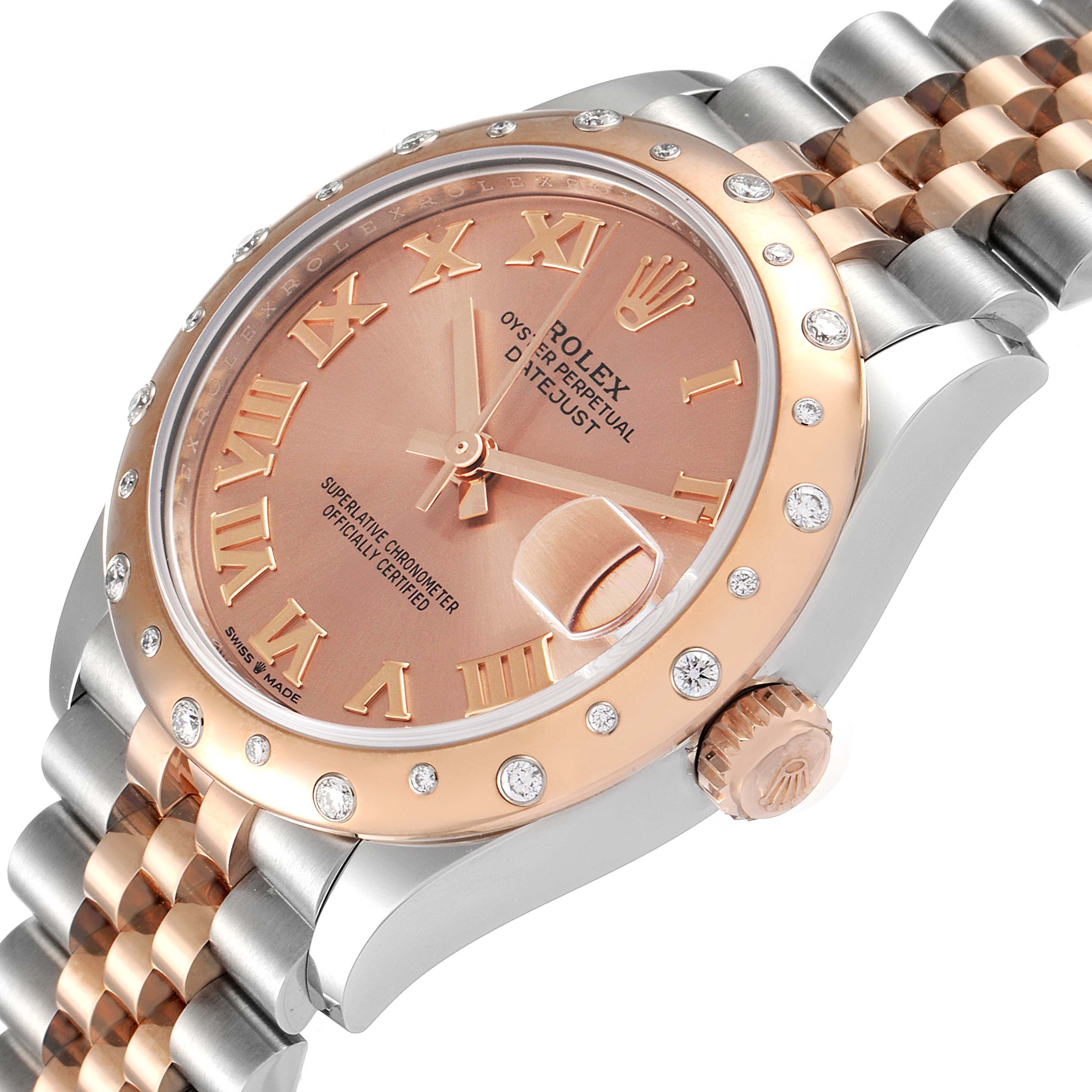 The image shows a partial side and front view of the Rolex Mid-Size 278341 Women's Steel and Gold (two tone) Pink Dial 278341 Women's Steel and Gold (two tone) Pink Dial Datejust, highlighting its rose gold bezel with diamond accents, the crown, and the two-tone jubilee bracelet.