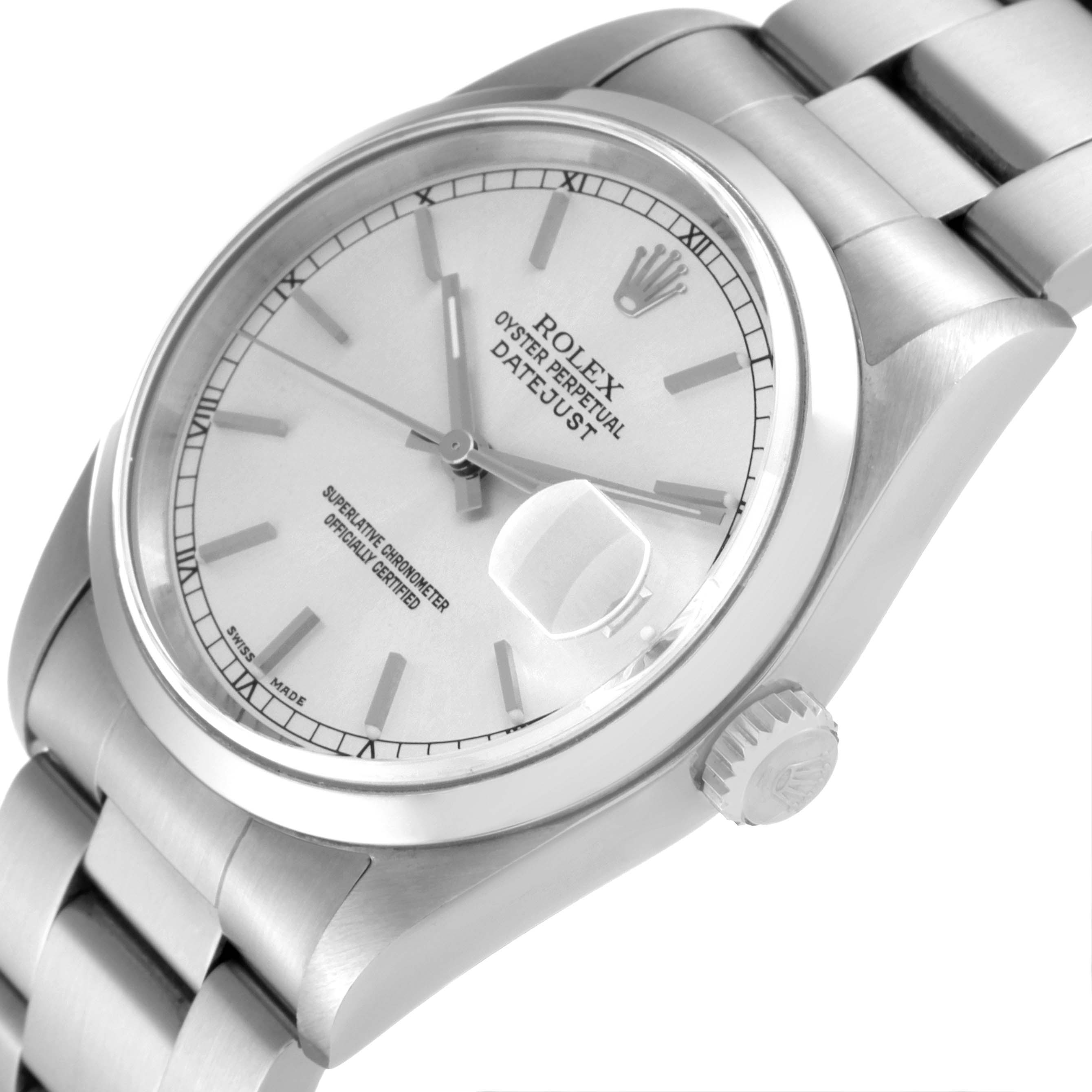 This image shows a Rolex Datejust 16200 Men's Stainless Steel Silver Dial 16200 Men's Stainless Steel Silver Dial watch from a tilted angle, highlighting the face, bezel, and part of the bracelet.