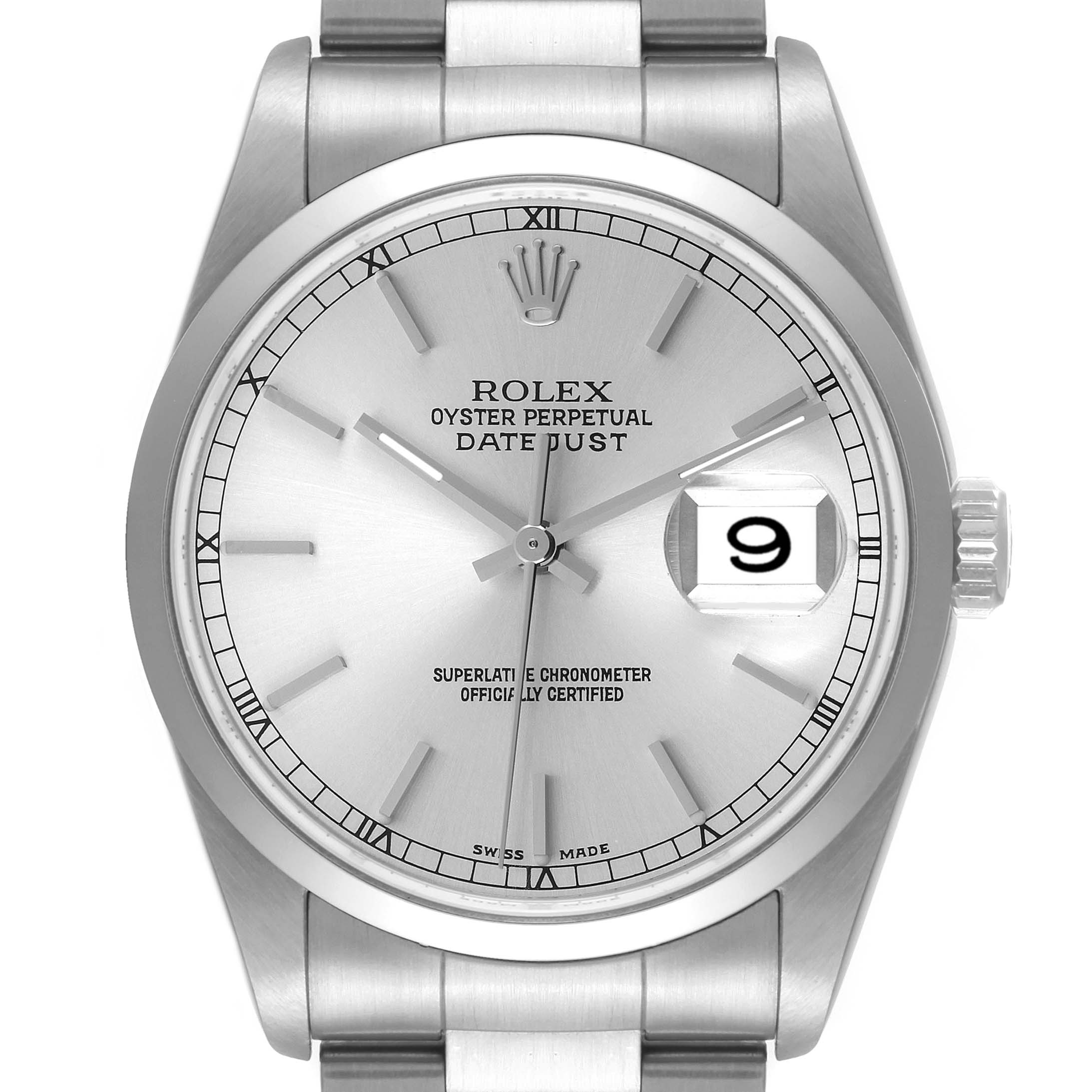 The image shows a front view of a Rolex Datejust 16200 Men's Stainless Steel Silver Dial 16200 Men's Stainless Steel Silver Dial watch, highlighting the dial, bezel, crown, and part of the bracelet.
