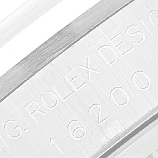 This close-up image shows the case and engraved details of the Rolex Datejust 16200 Men's Stainless Steel Silver Dial 16200 Men's Stainless Steel Silver Dial model.