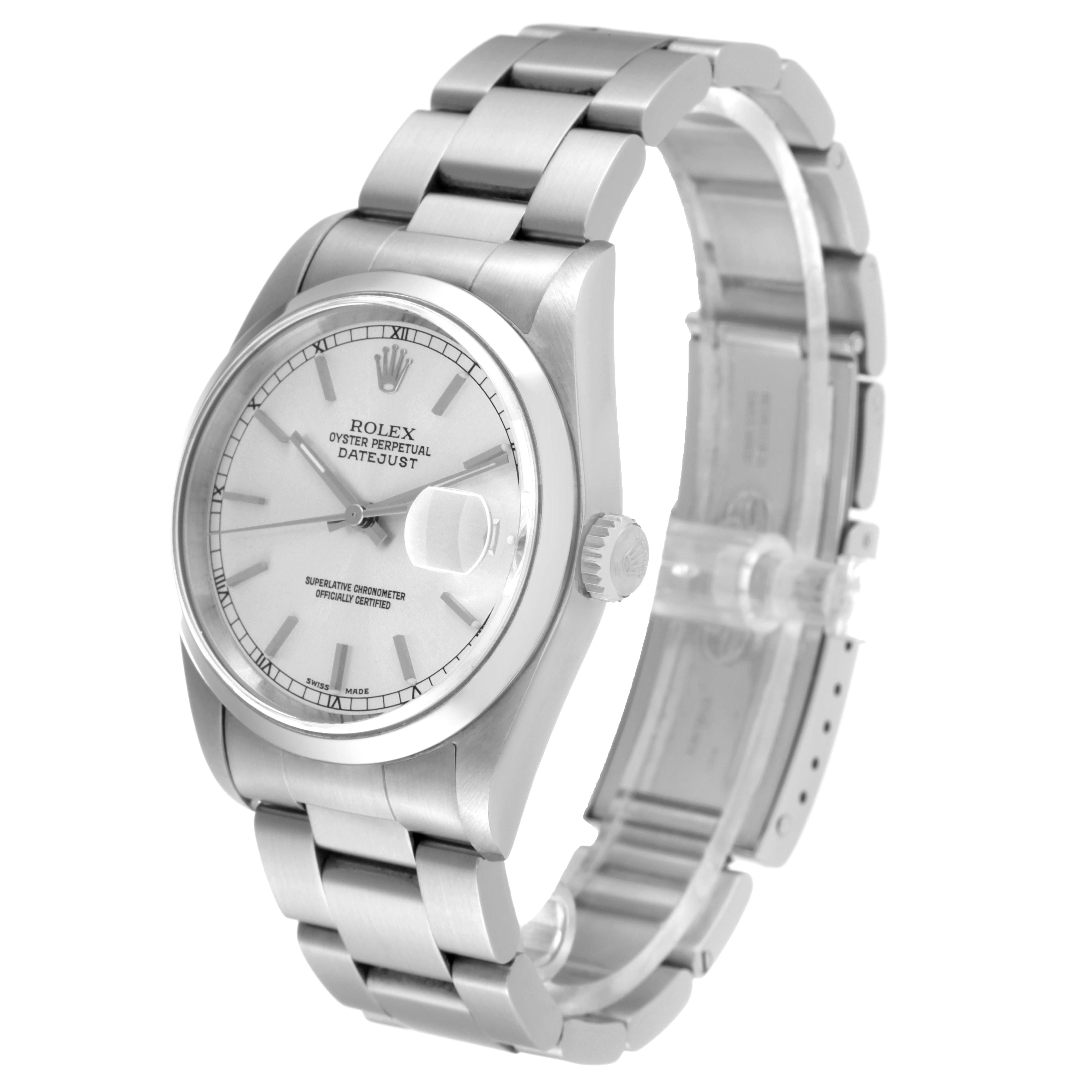 The Rolex Datejust 16200 Men's Stainless Steel Silver Dial 16200 Men's Stainless Steel Silver Dial watch is shown at an angle highlighting the face, bezel, crown, and part of the bracelet.